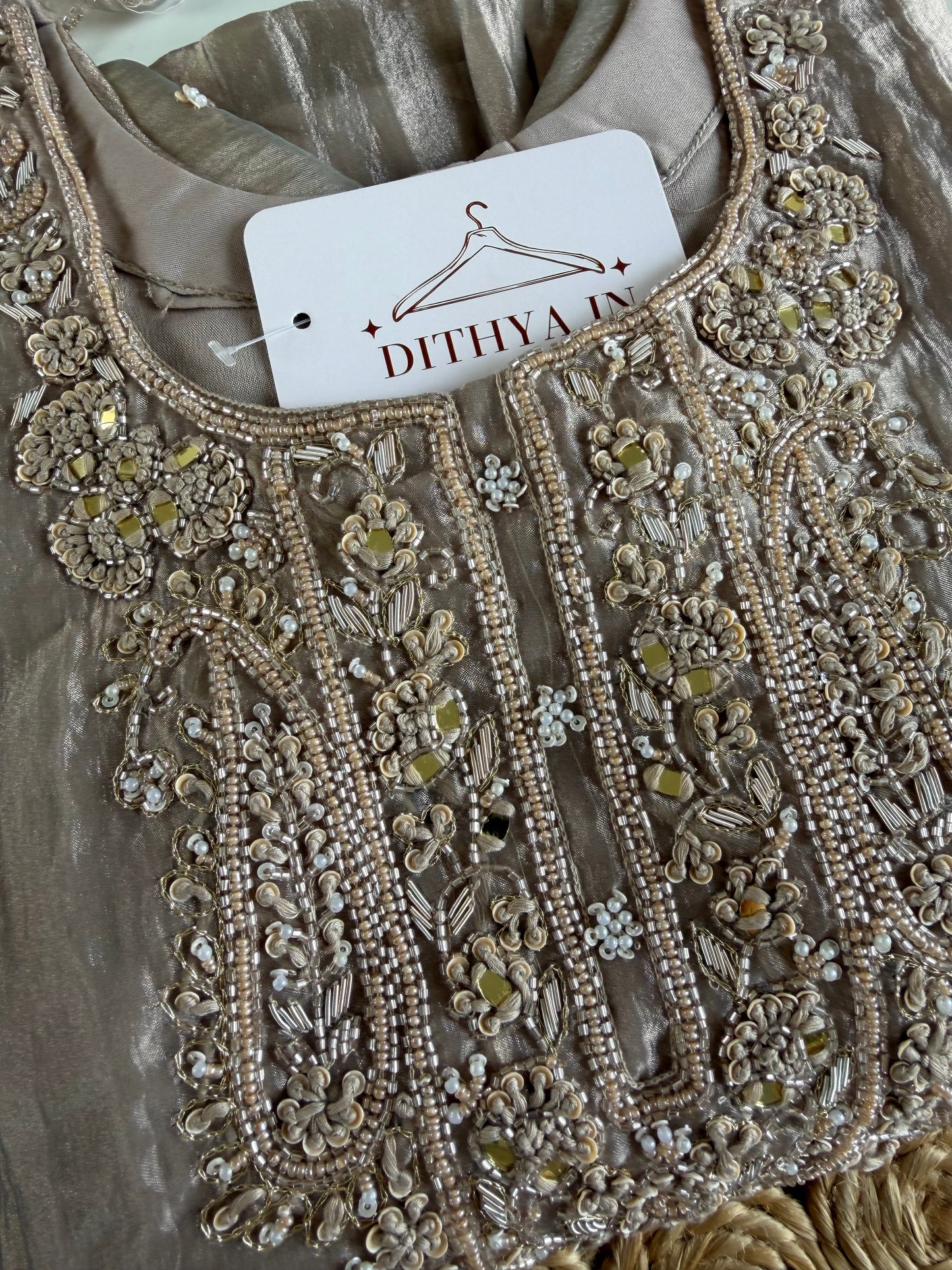 K600 - Glass tissue silk handwork aline Kurti with pants and dupatta