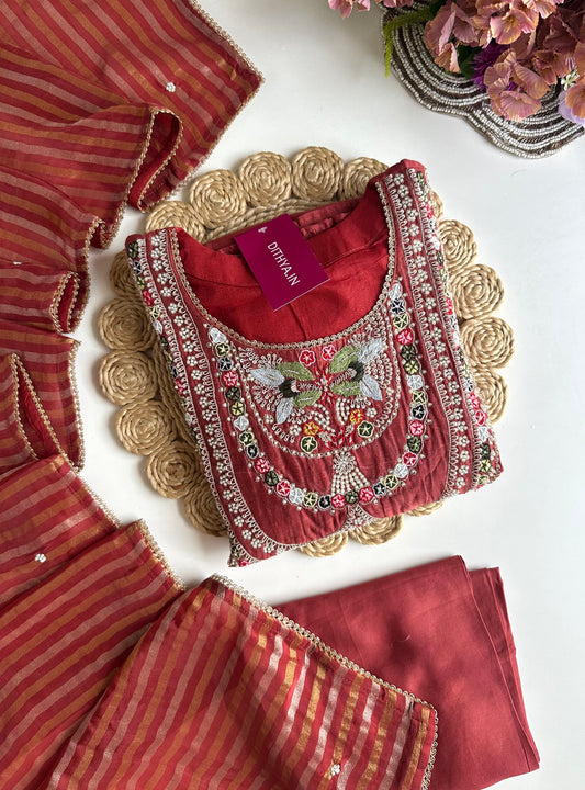 K037 - Mul Chanderi handwork Anarkali with pants and dupatta