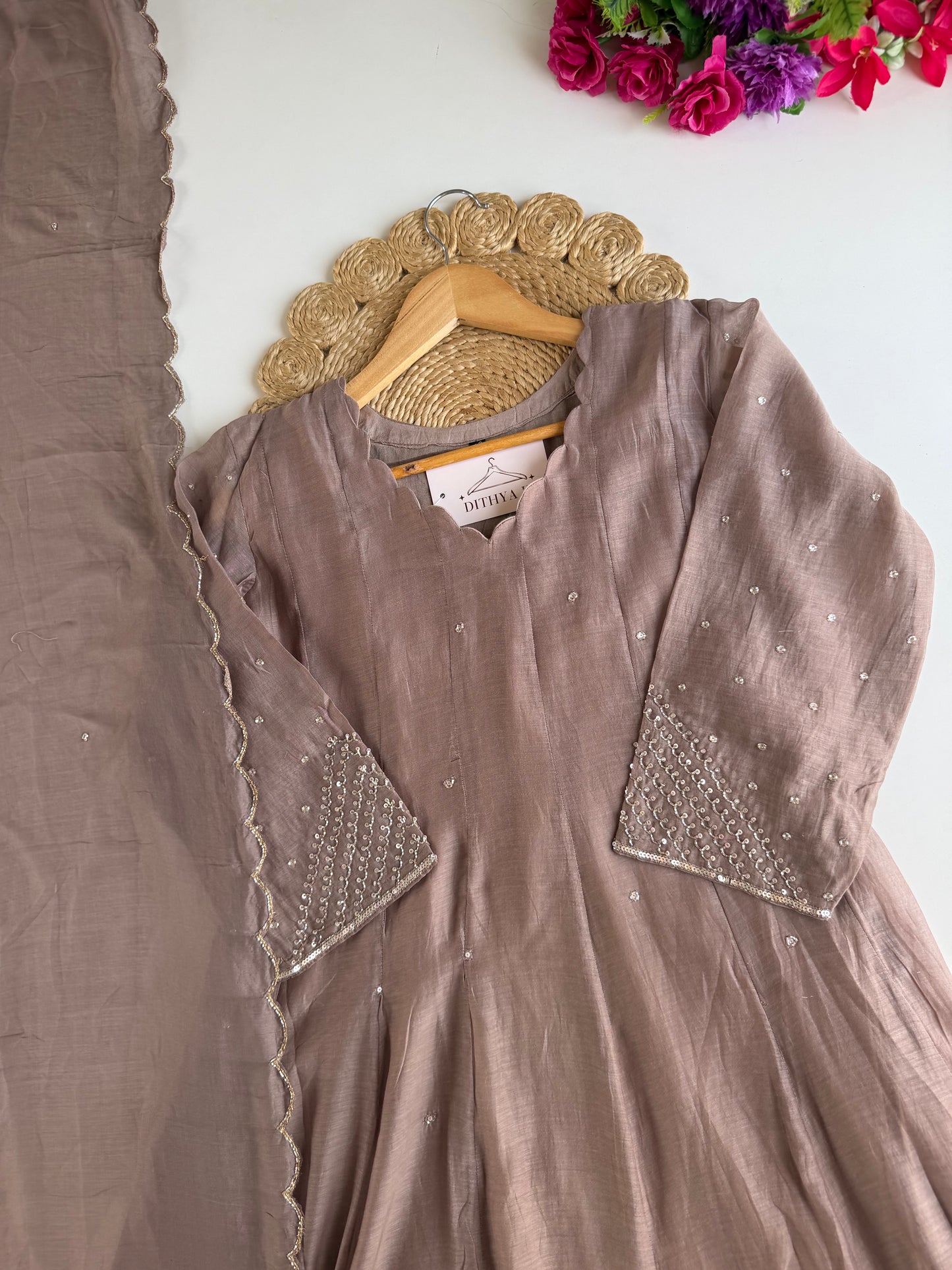 K305 - Mul chanderi handwork Anarkali with pants and dupatta