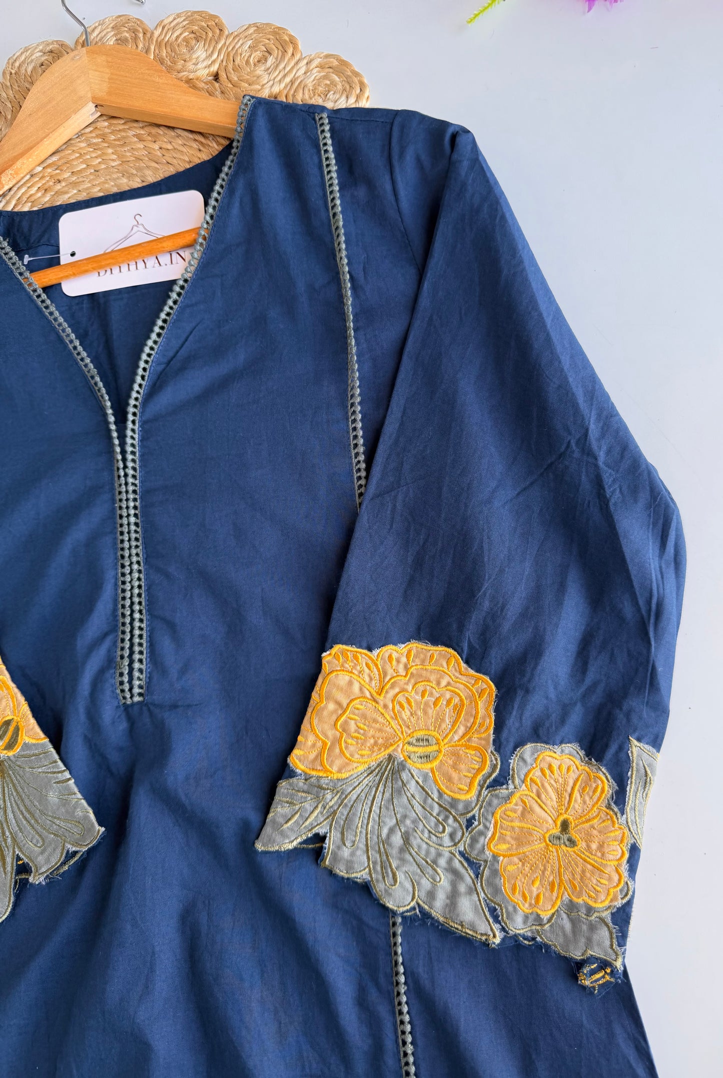 K252 - Mul cotton embroidered Aline Kurti with pants and dupatta