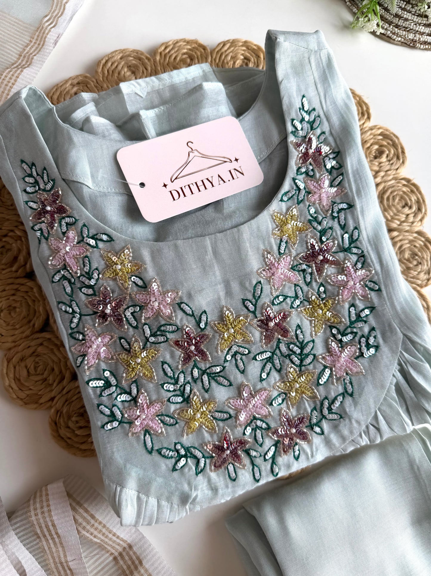 K485 - Mul chanderi handwork Anarkali with pants and dupatta