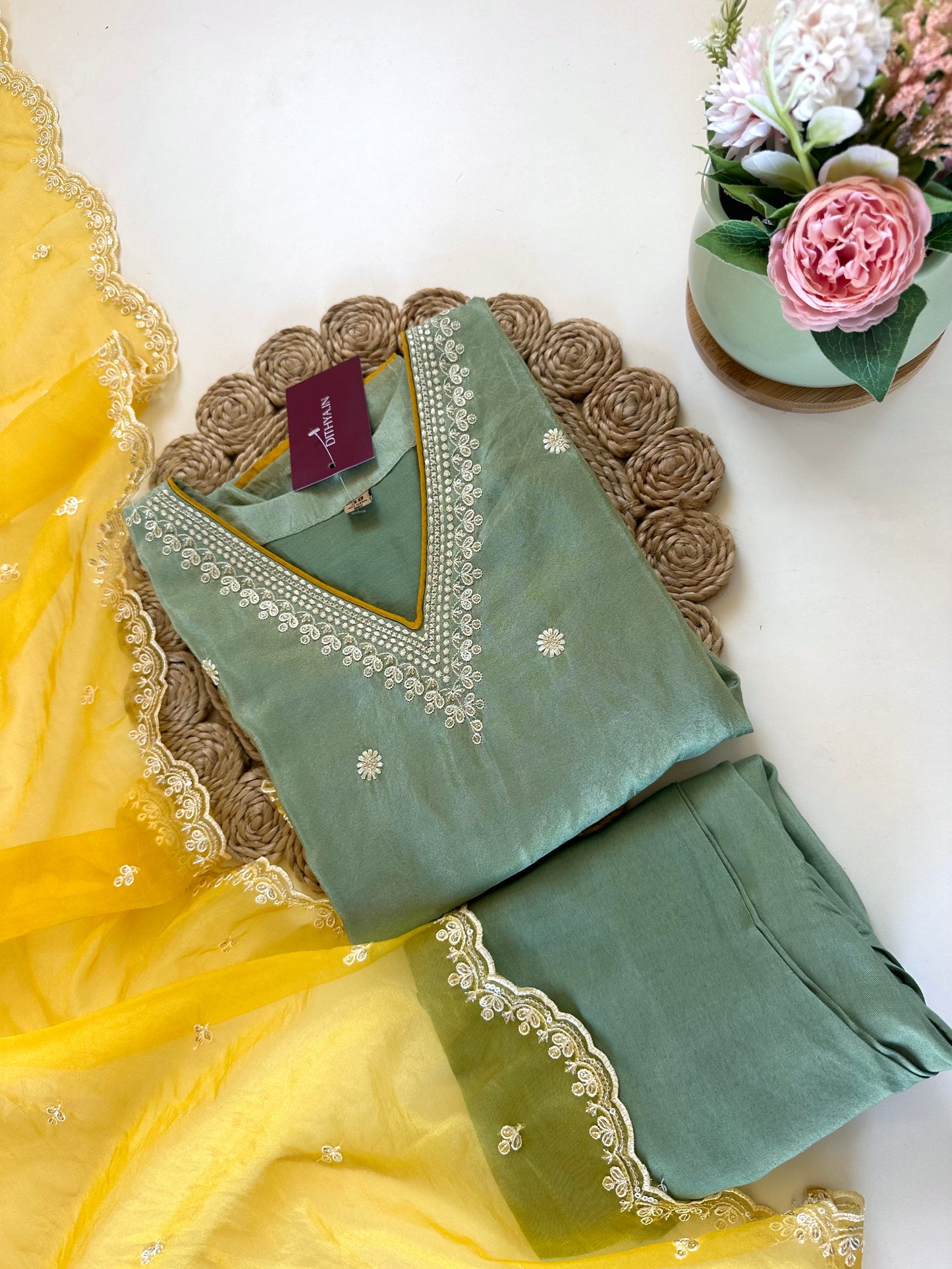 K285 - Tissue silk Threadwork straight kurti with pants and organza dupatta .