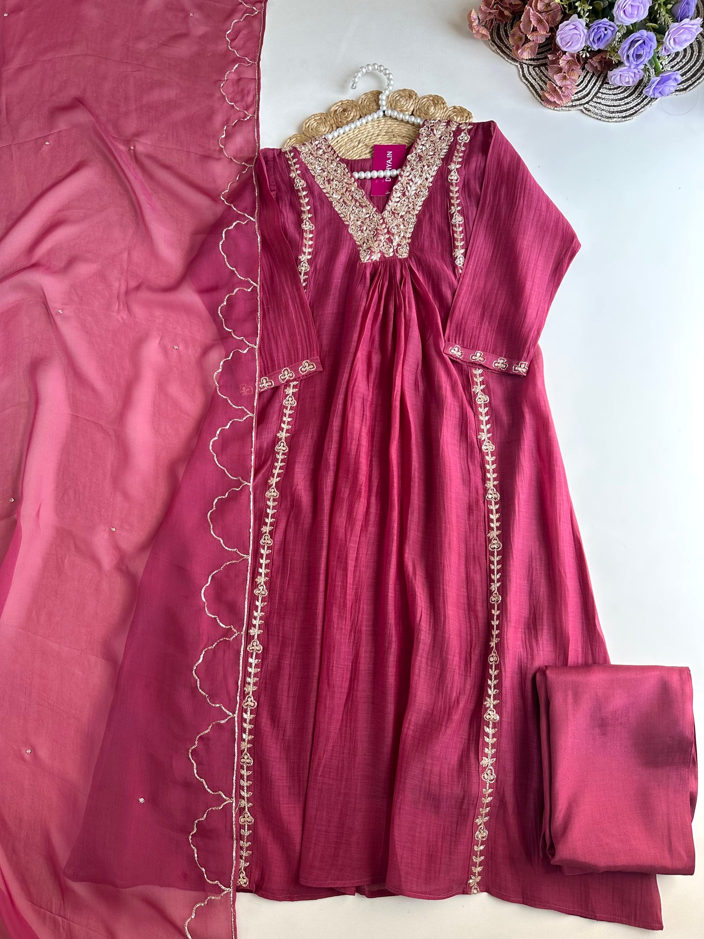 K165 - Mul Chanderi handwork Aline Kurti with pants and dupatta