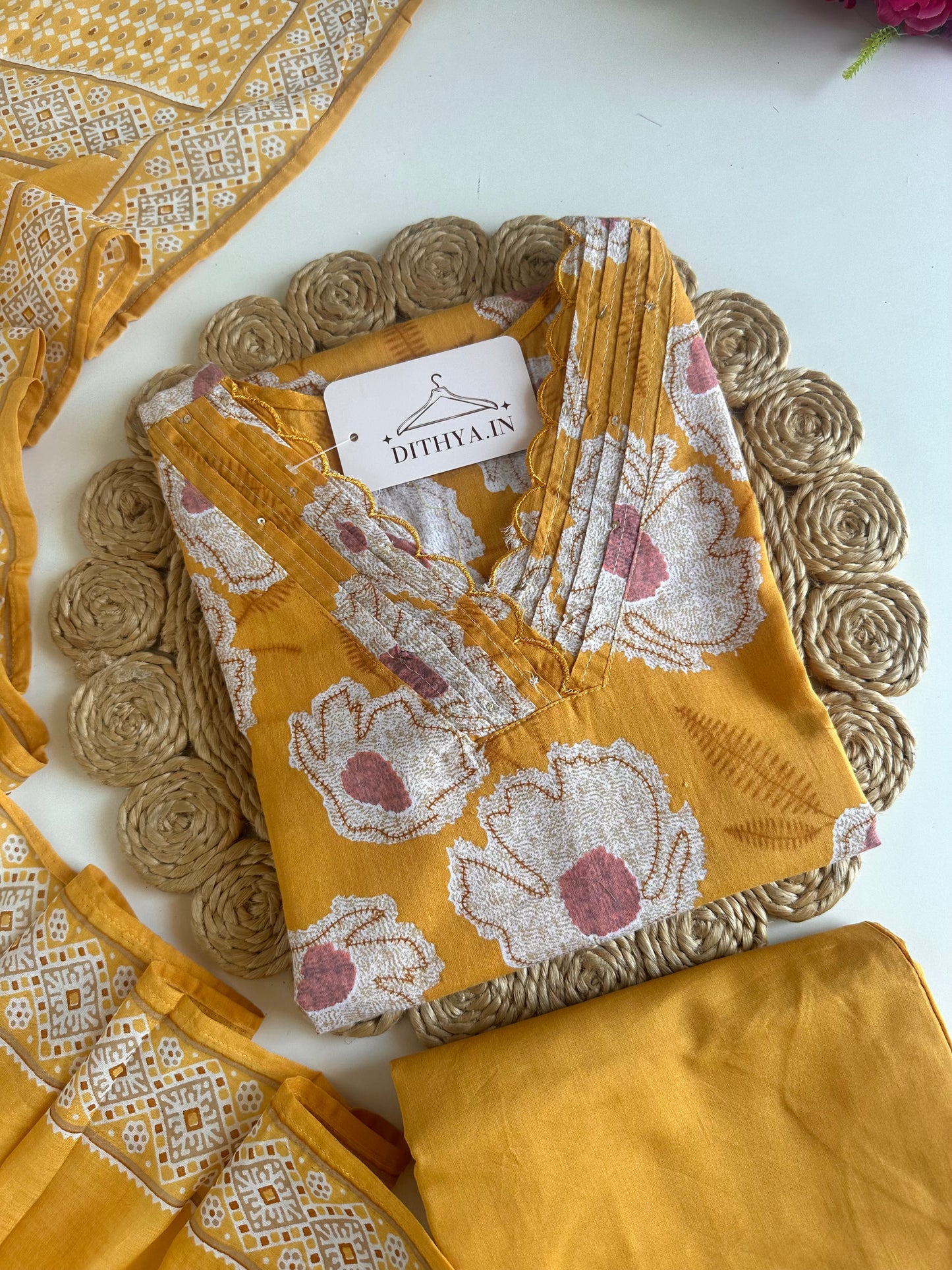 K221 - Mul cotton printed straight Kurti with pants and dupatta