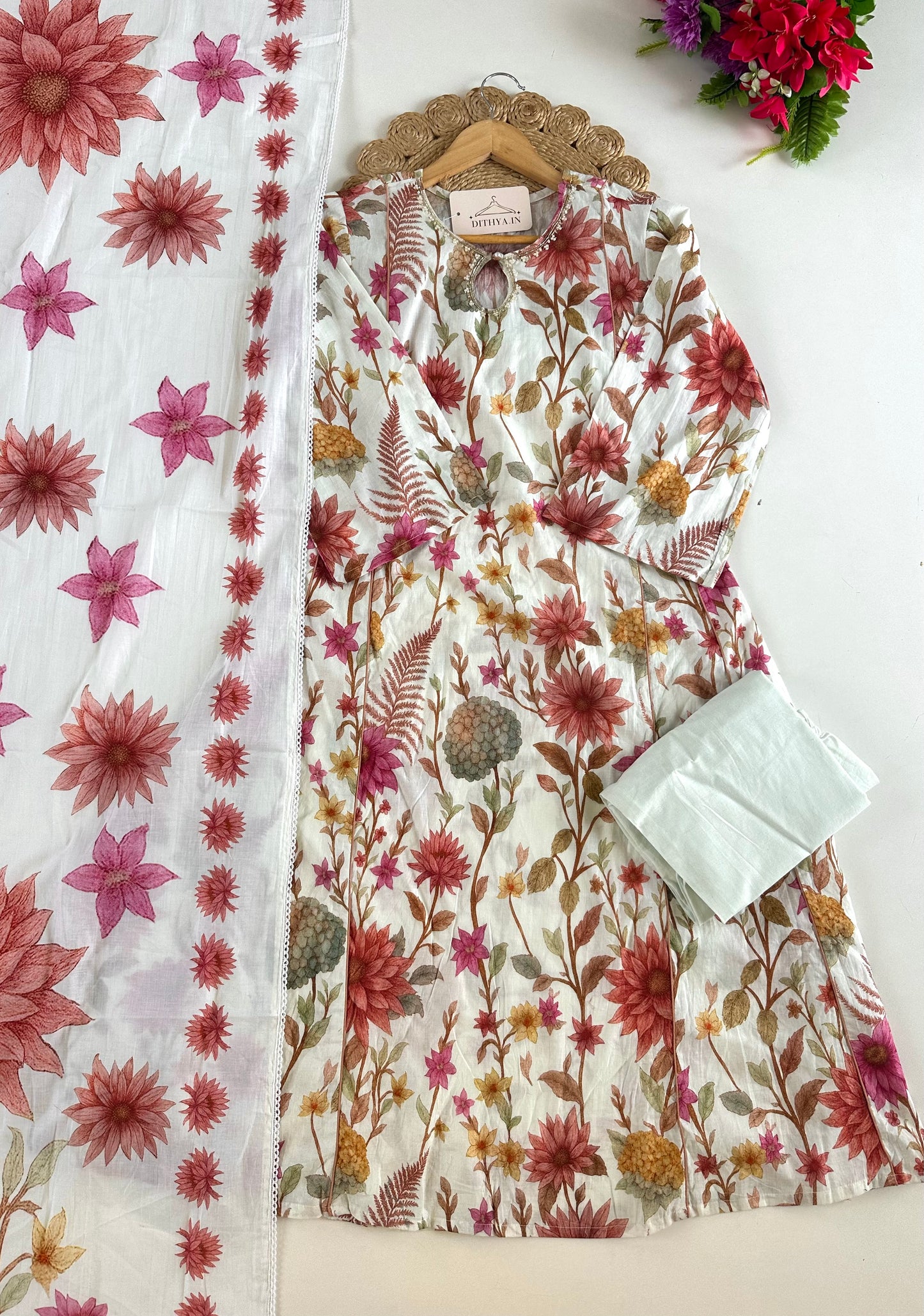 K279 - Mul cotton floral Aline Kurti with pants and dupatta