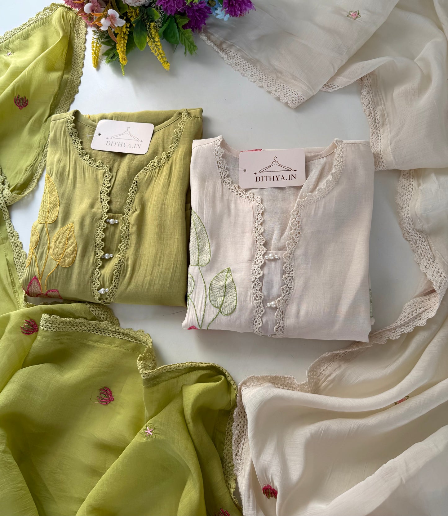K345 - Muslin silk embroidered straight Kurti with pants and dupatta in 2 colours