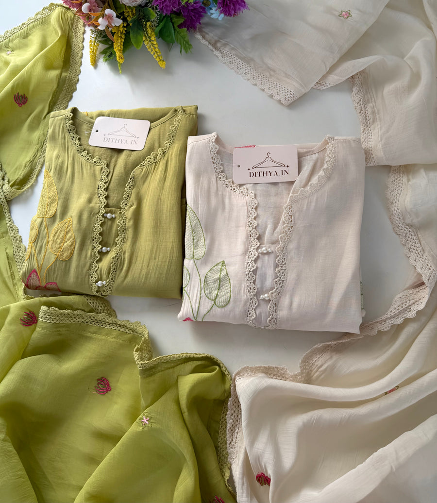 K345 - Muslin silk embroidered straight Kurti with pants and dupatta in 2 colours