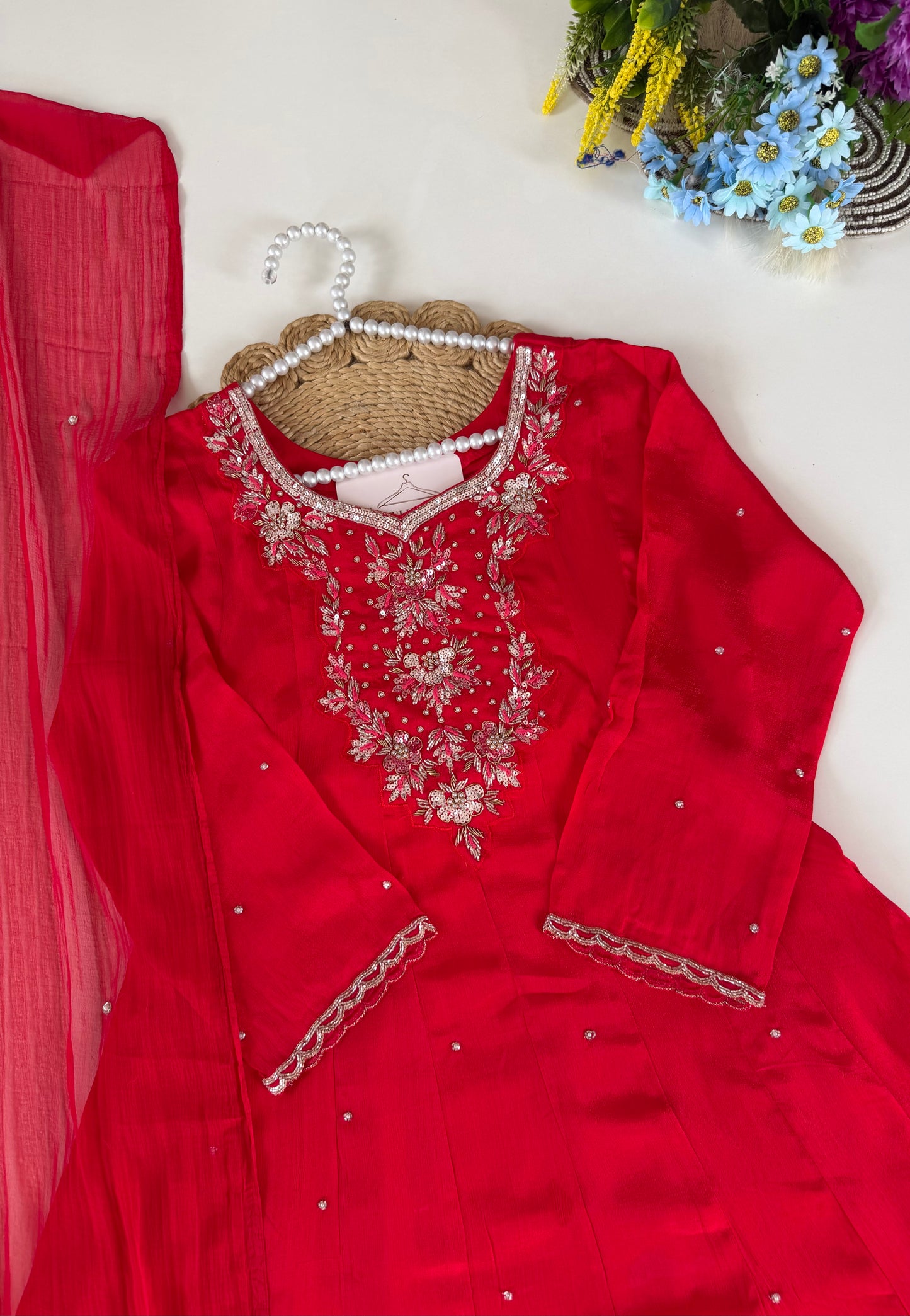 K527 - Chinnon handwork Anarkali with pants and dupatta