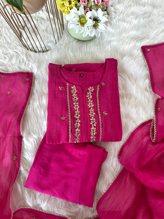 K142 - Mul Chanderi Gota work Aline Kurti with pants and dupatta