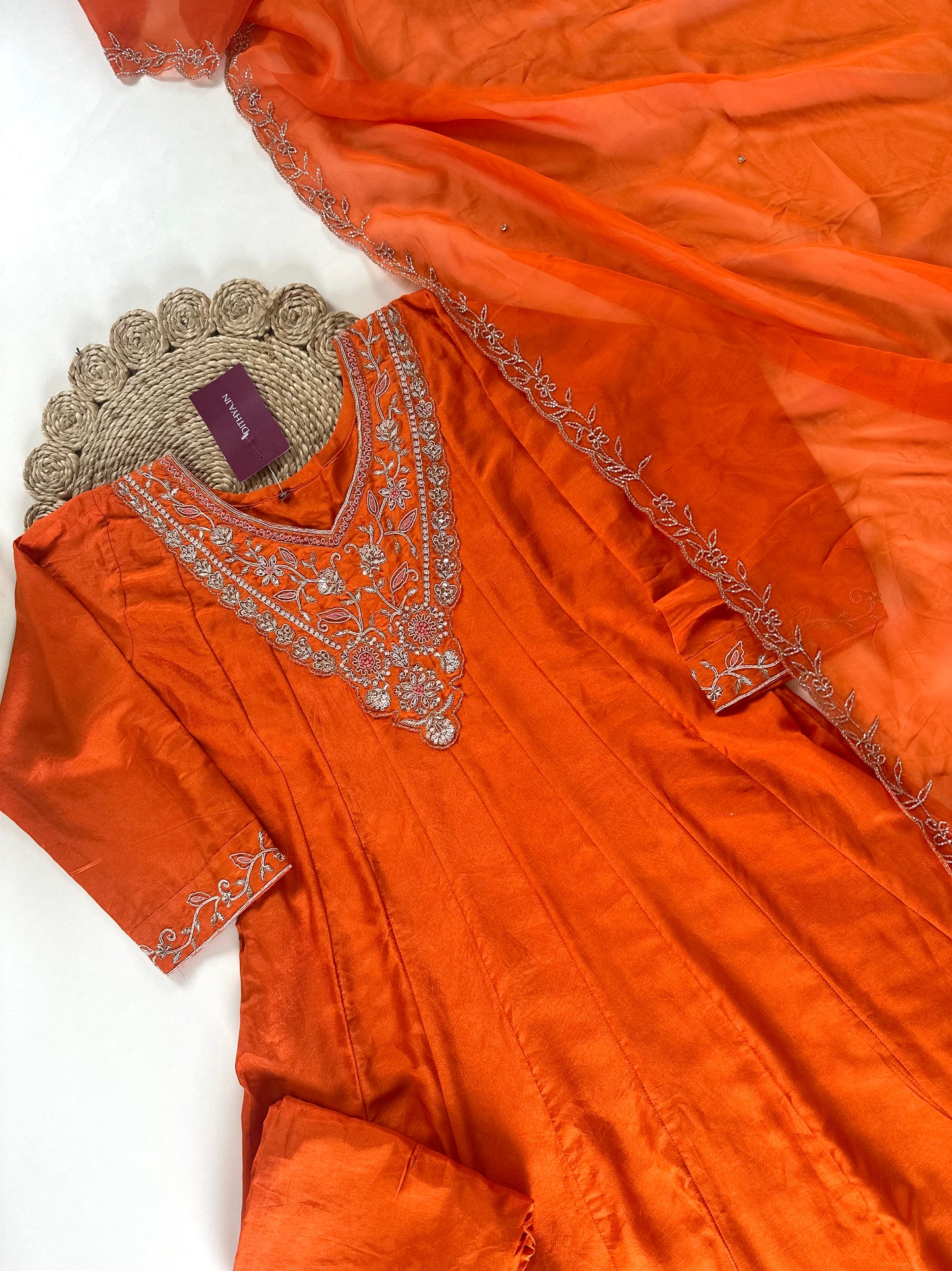 K284 - Russian silk Anarkali handwork with straight pants and dupatta .