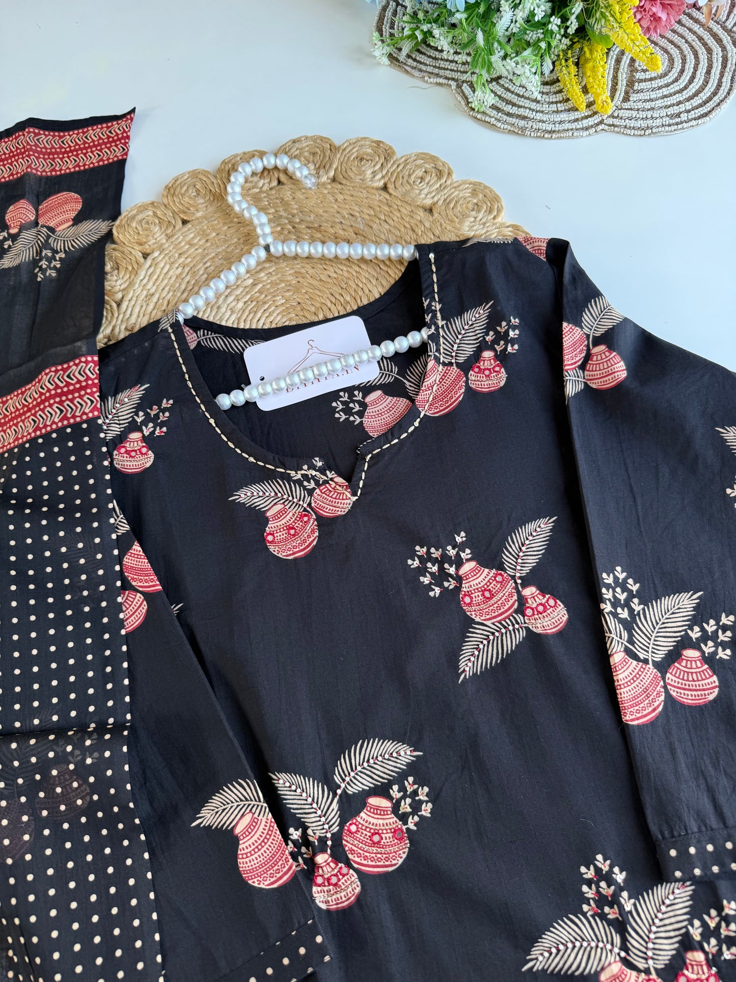 K691 - Mul cotton embroidered straight Kurti with pants and dupatta