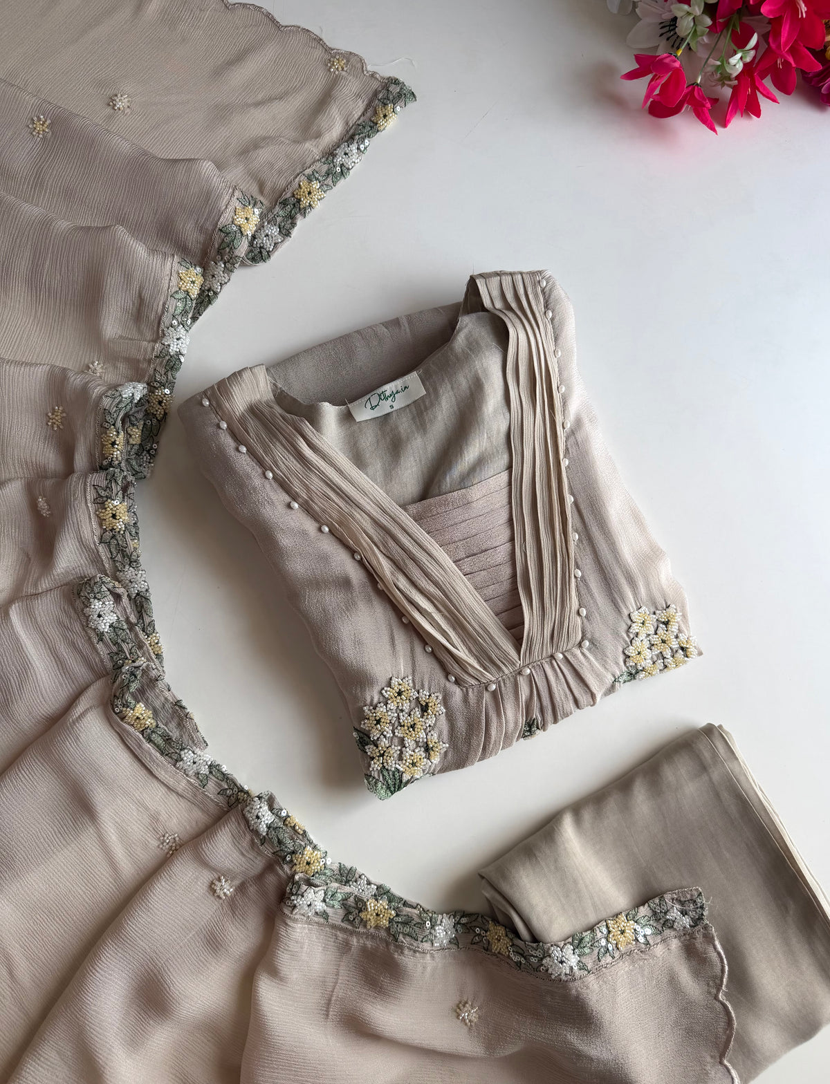 K674 - Pure Chinnon handwork aline Kurti with pants and dupatta