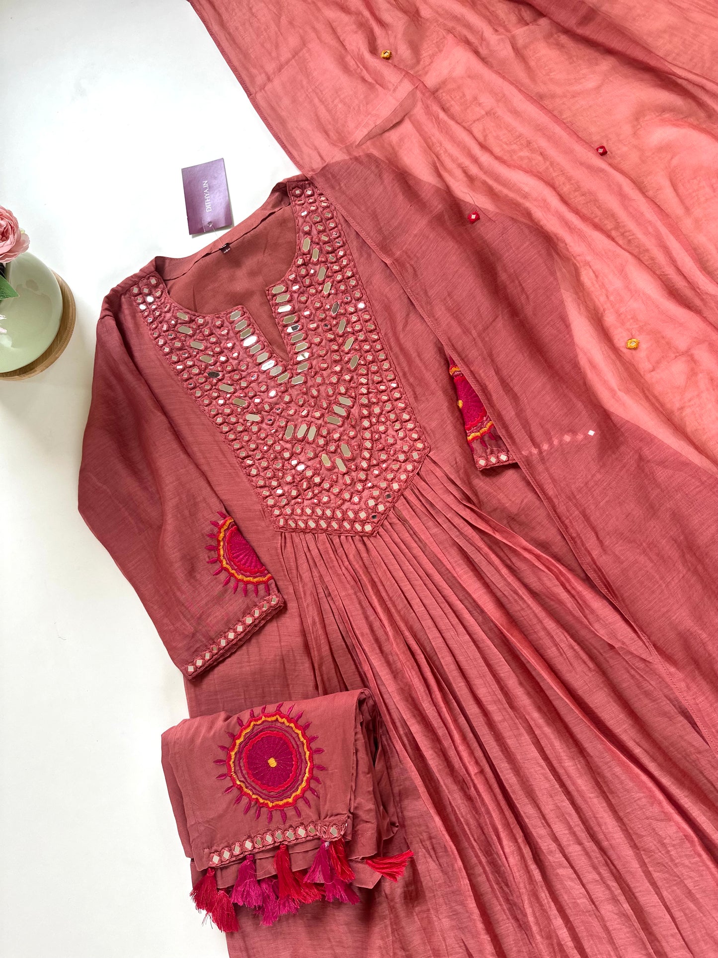 K052 - Pure Mul Chanderi mirror work  Anarkali with pants and dupatta.