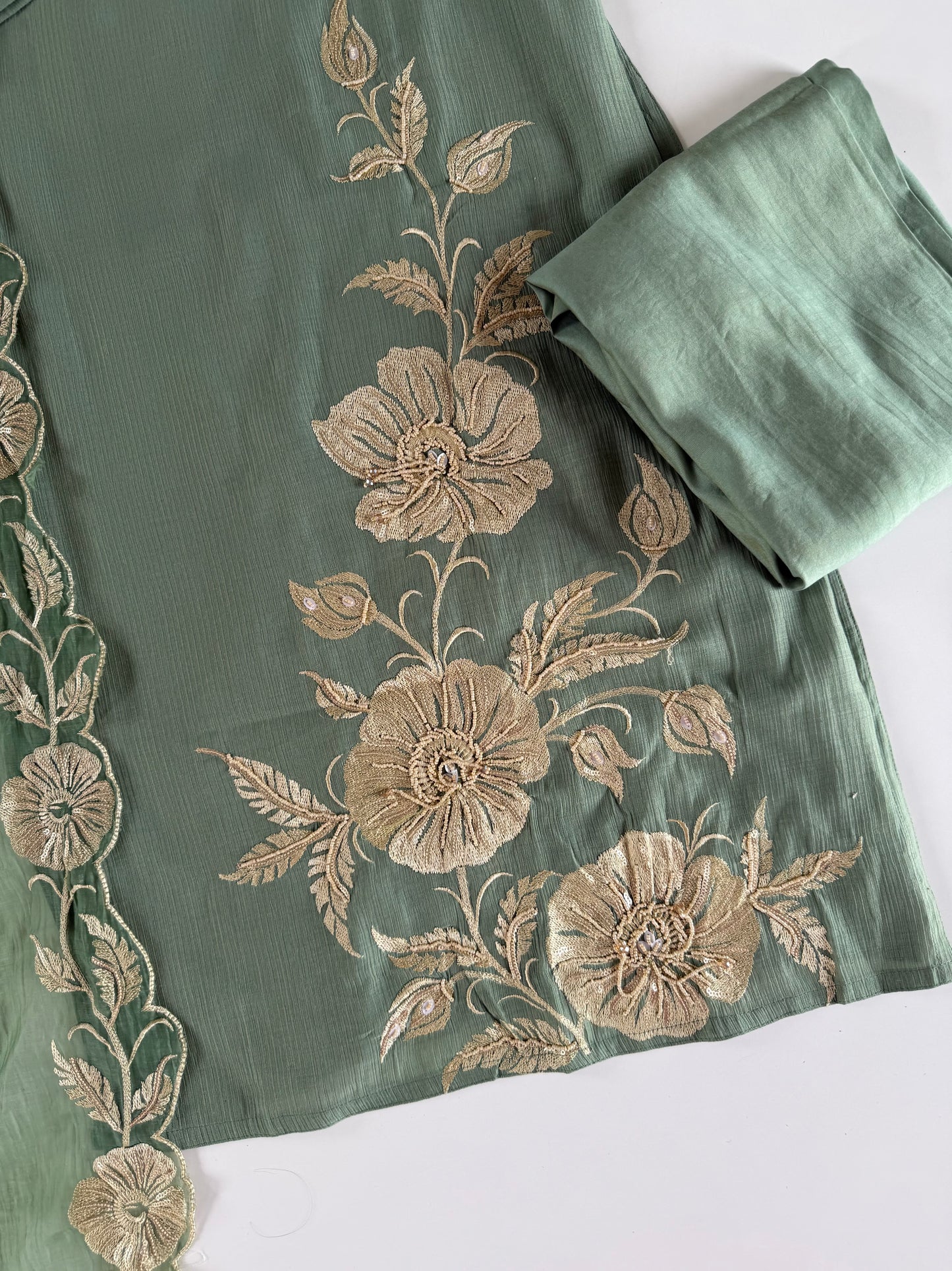 K542 - Muslin doriya embroidered straight Kurti with pants and dupatta