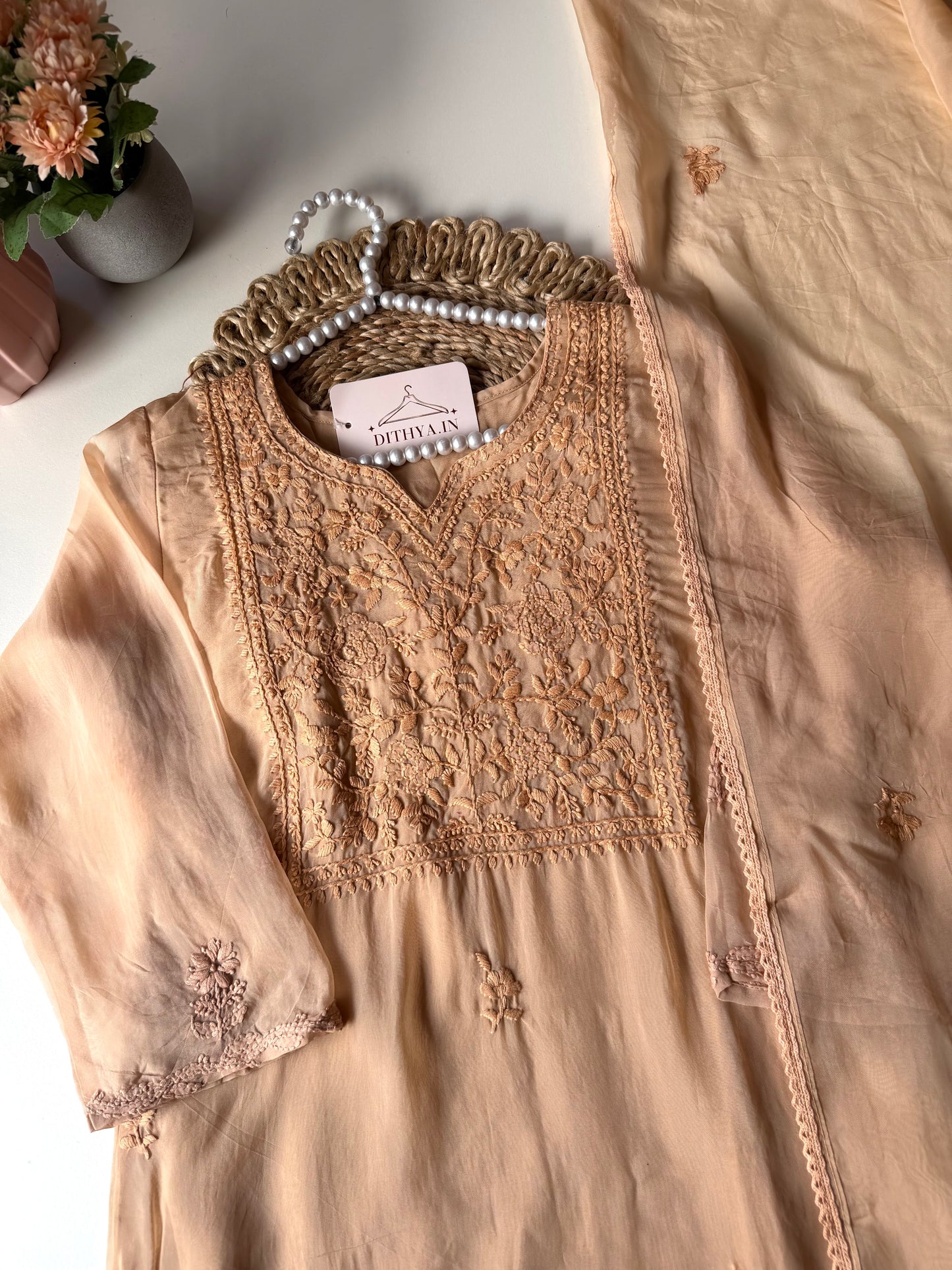 K587 - Viscose organza Chikankari straight Kurti with pants and dupatta