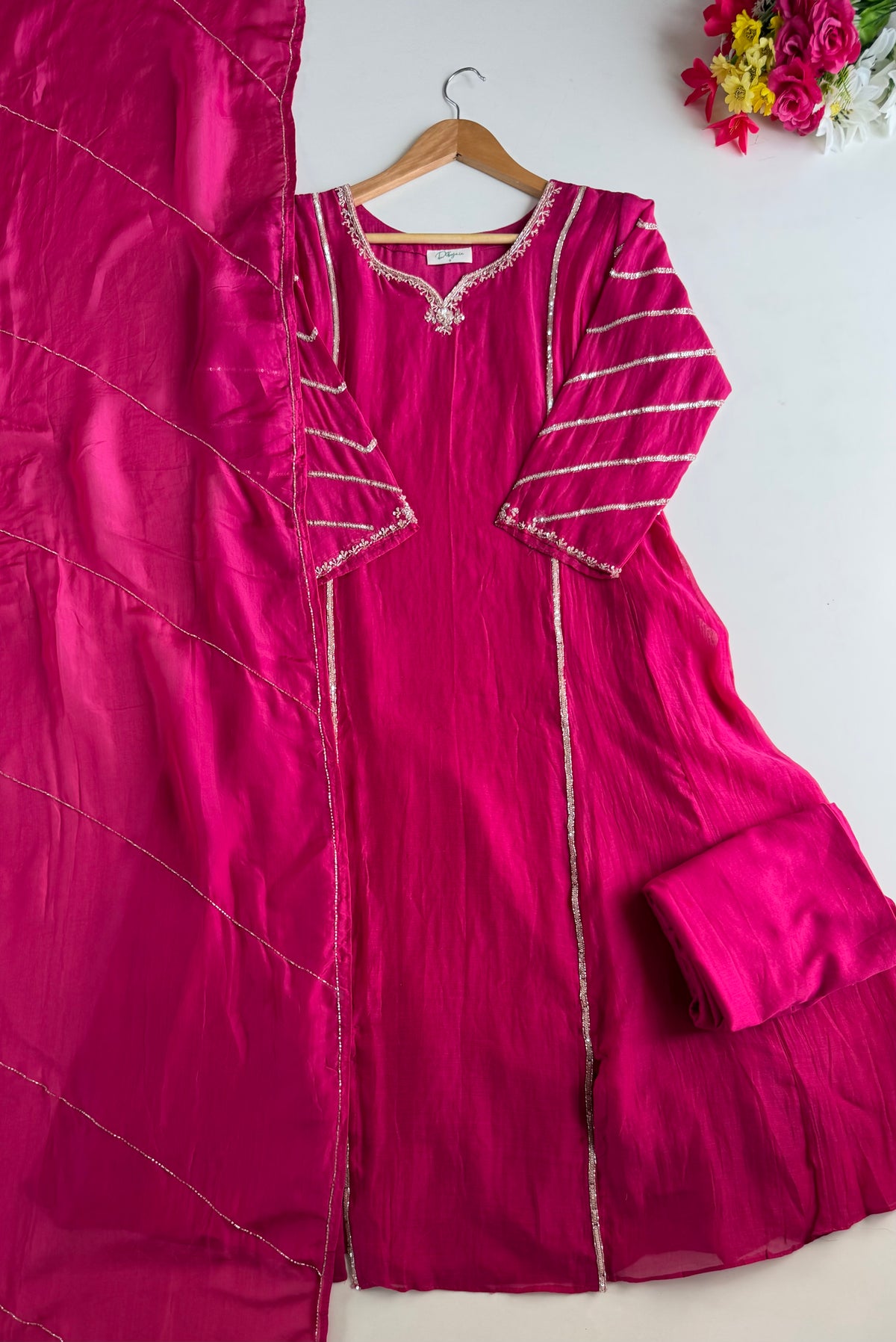 K206 - Mul chanderi handwork aline Kurti with pants and dupatta