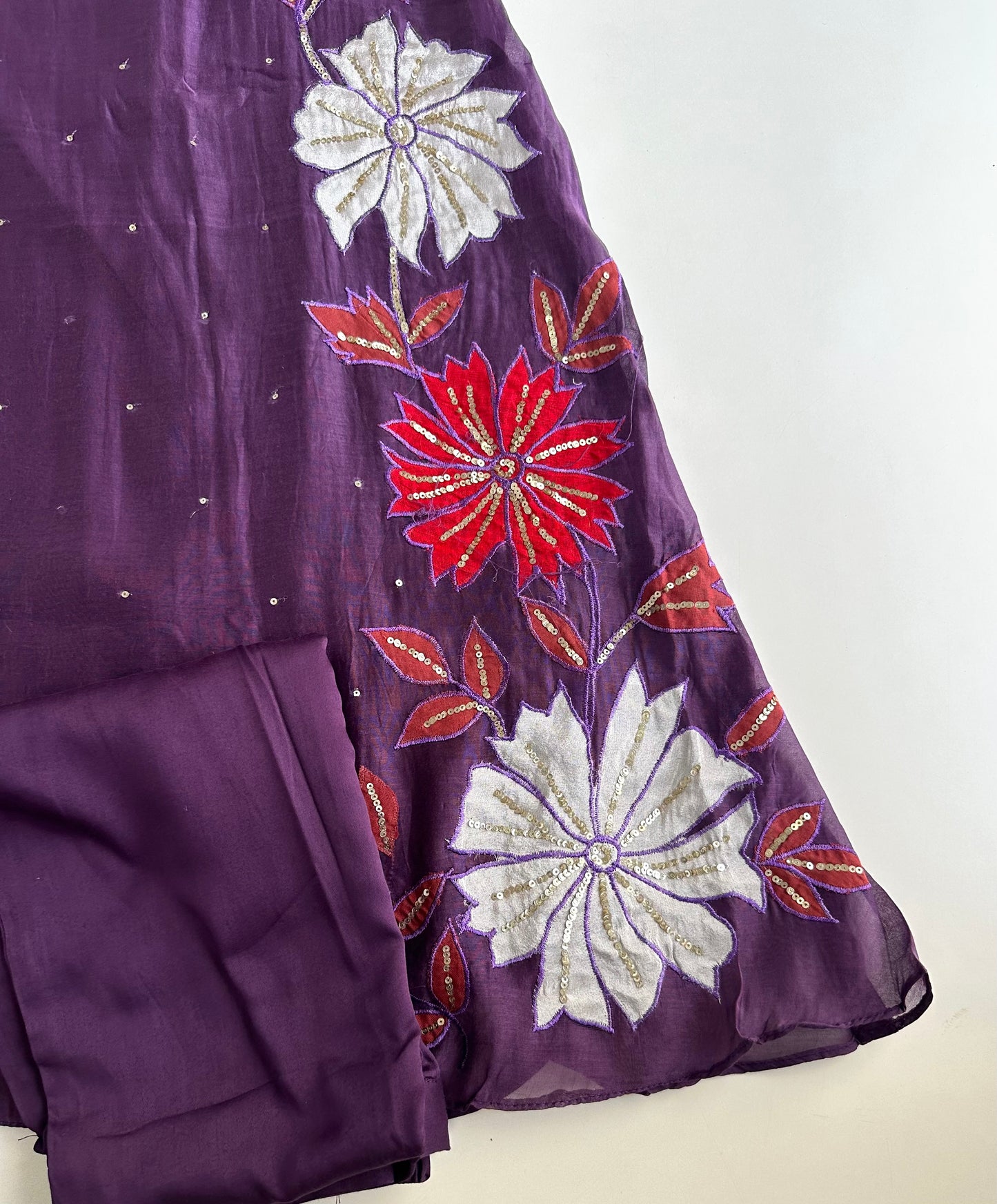 K484 - Mul Chanderi handwork Aline Kurti with pants and dupatta