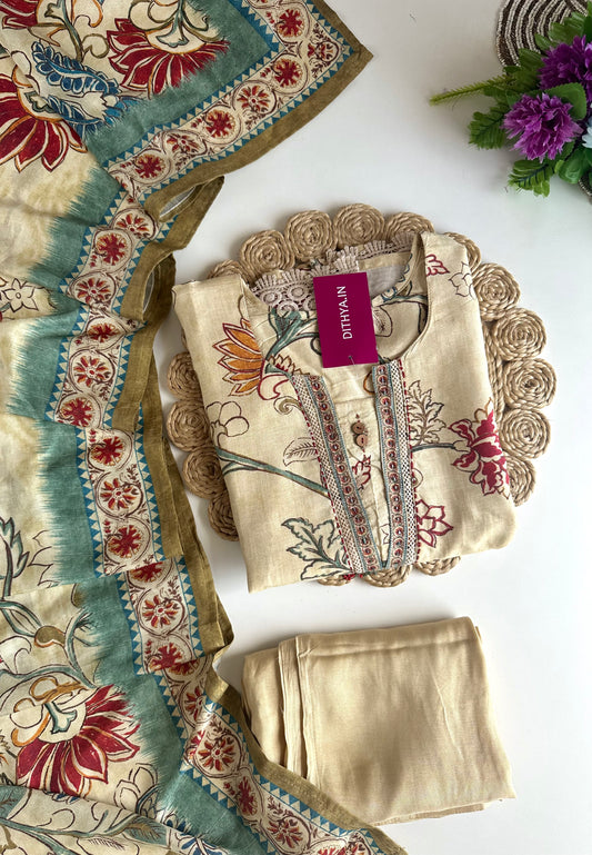 K022 - Muslin printed embroidered straight Kurti with pants and dupatta