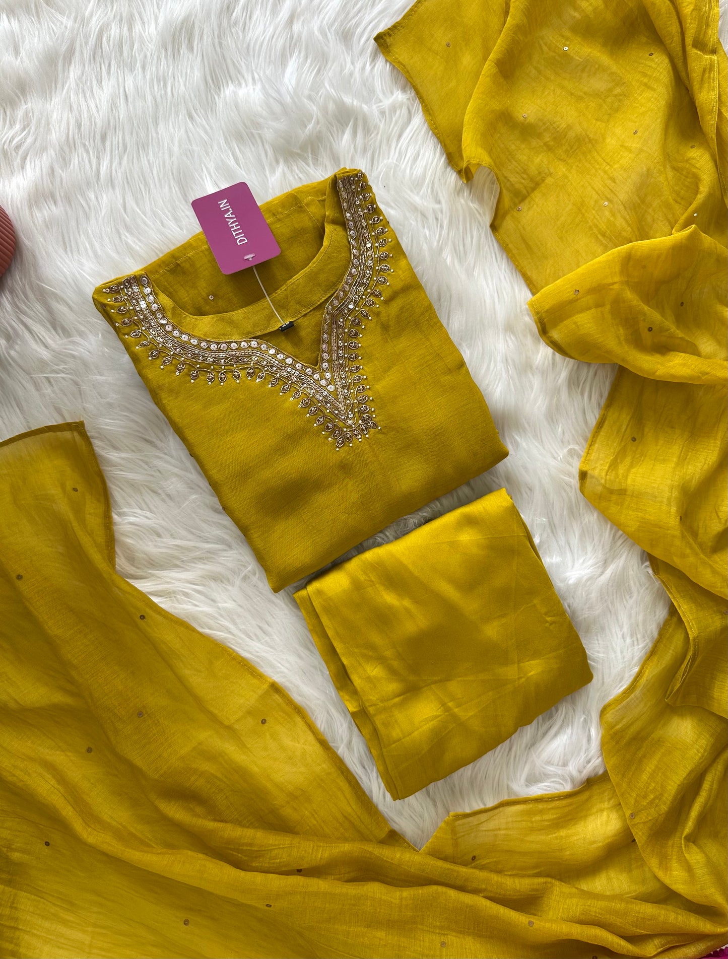 K080 - Mul Chanderi handwork straight kurti with pants and dupatta in 2 colours