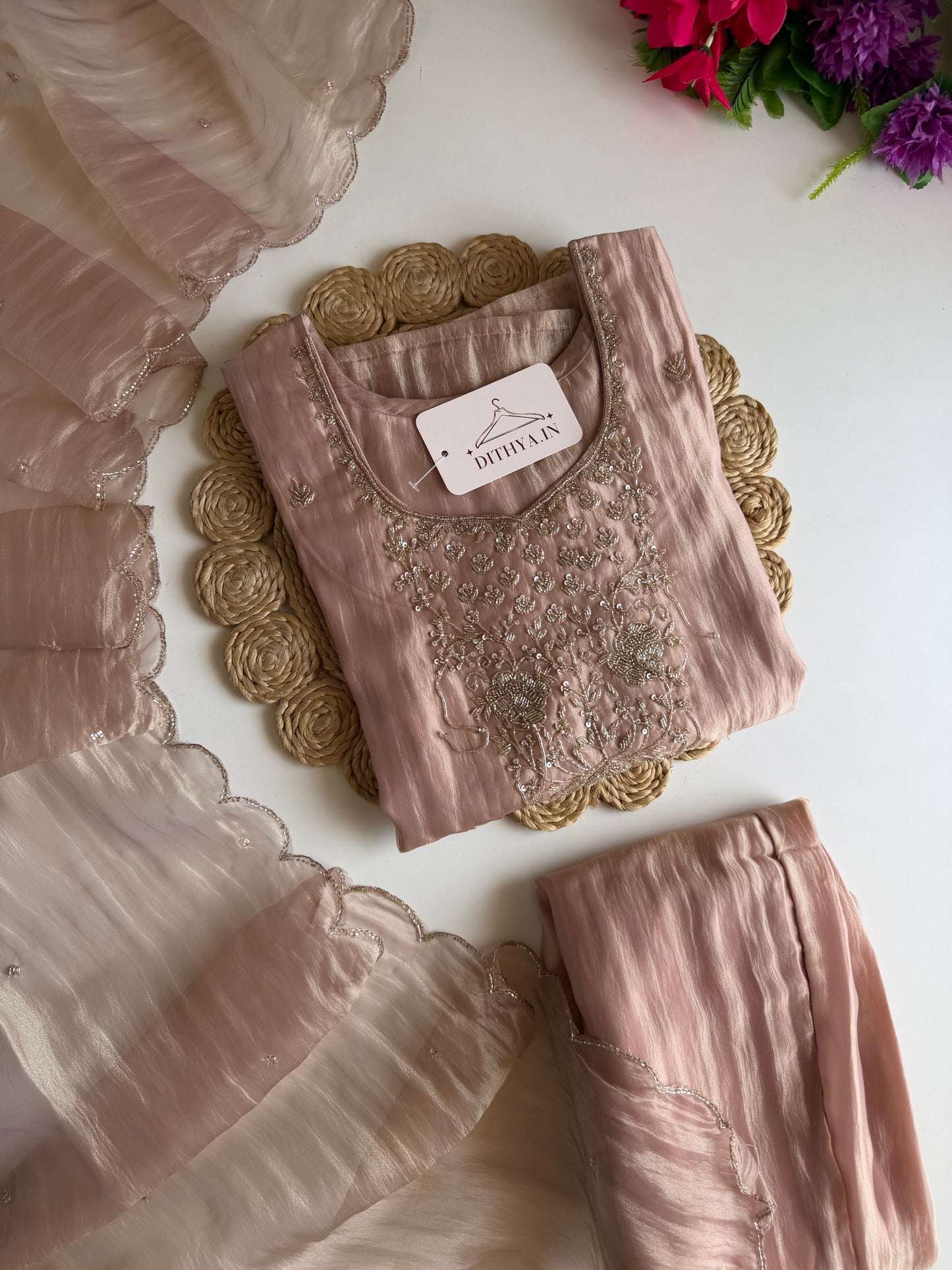 K425 - Glass tissue silk handwork straight Kurti with pants and dupatta