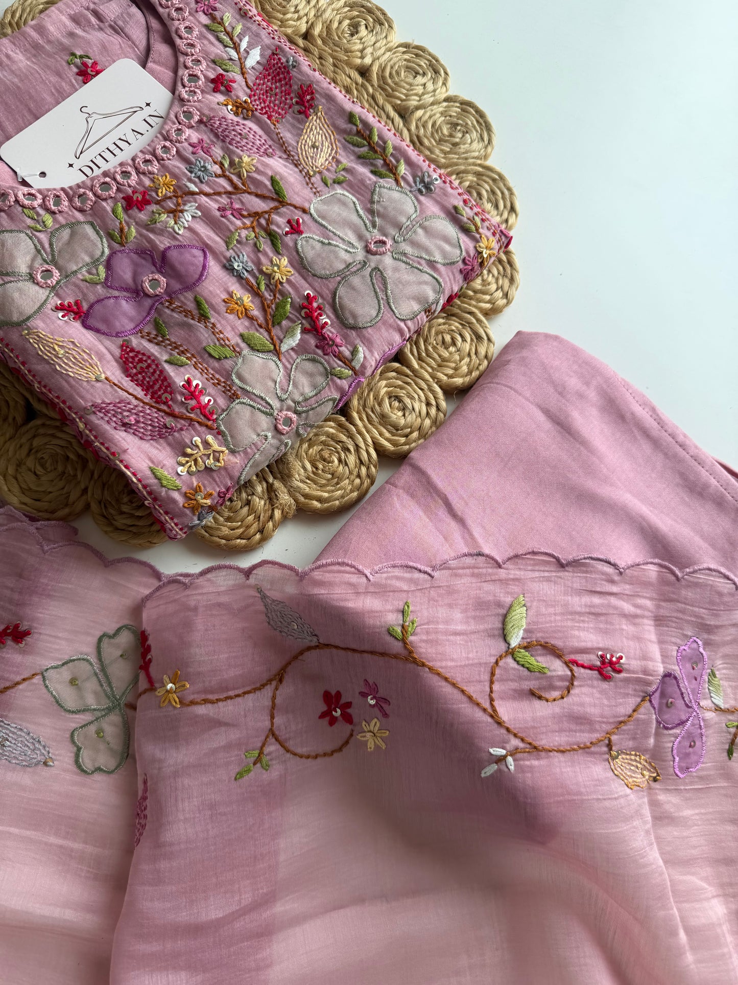 K427 - Mul chanderi embroidered straight Kurti with pants and dupatta
