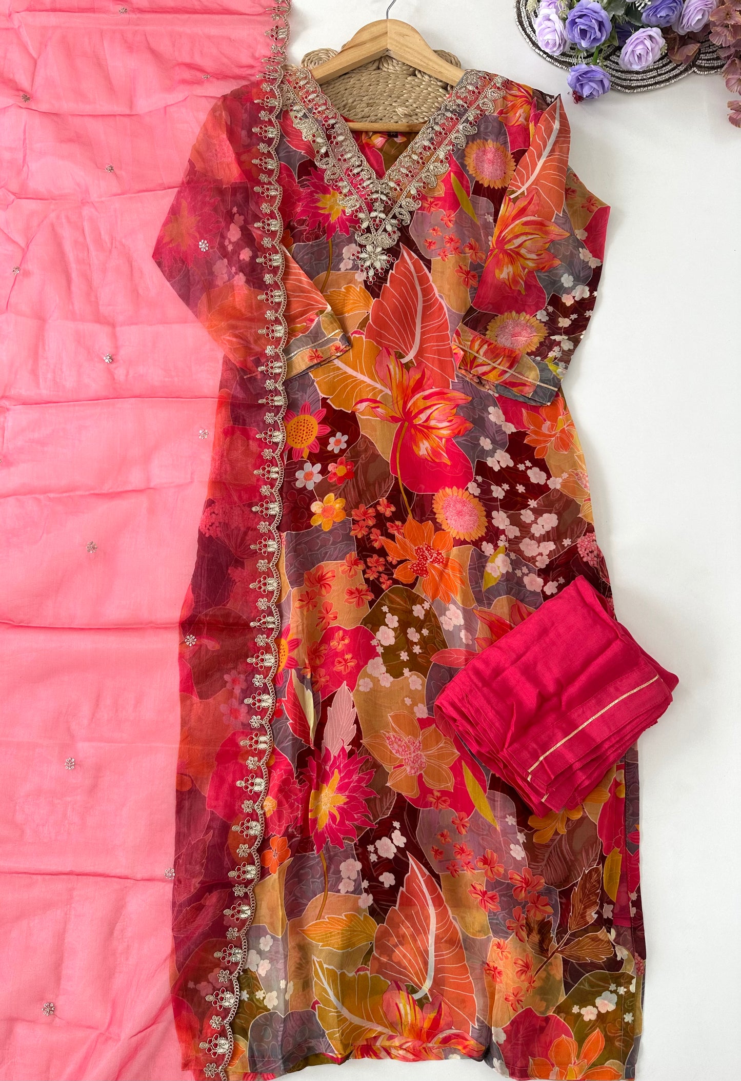 D051 -Viscose organza straight kurti with pants and dupatta