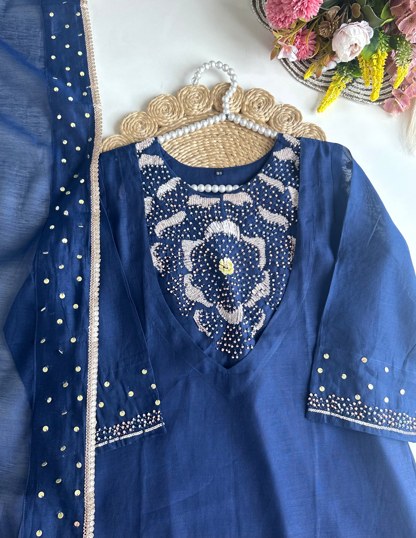 K032 - Pure mul Chanderi handwork Aline Kurti with pants and dupatta in 3 colours