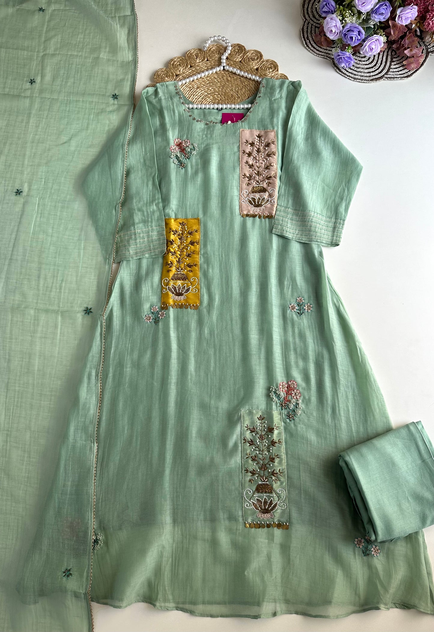 K121 - Mul Chanderi handwork Aline Kurti with pants and dupatta