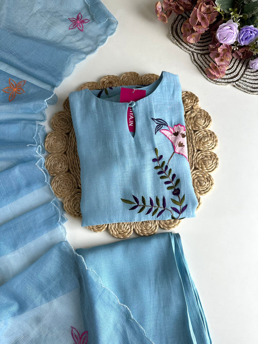 K367 - Mul Chanderi appliqué work Aline Kurti with pants and dupatta