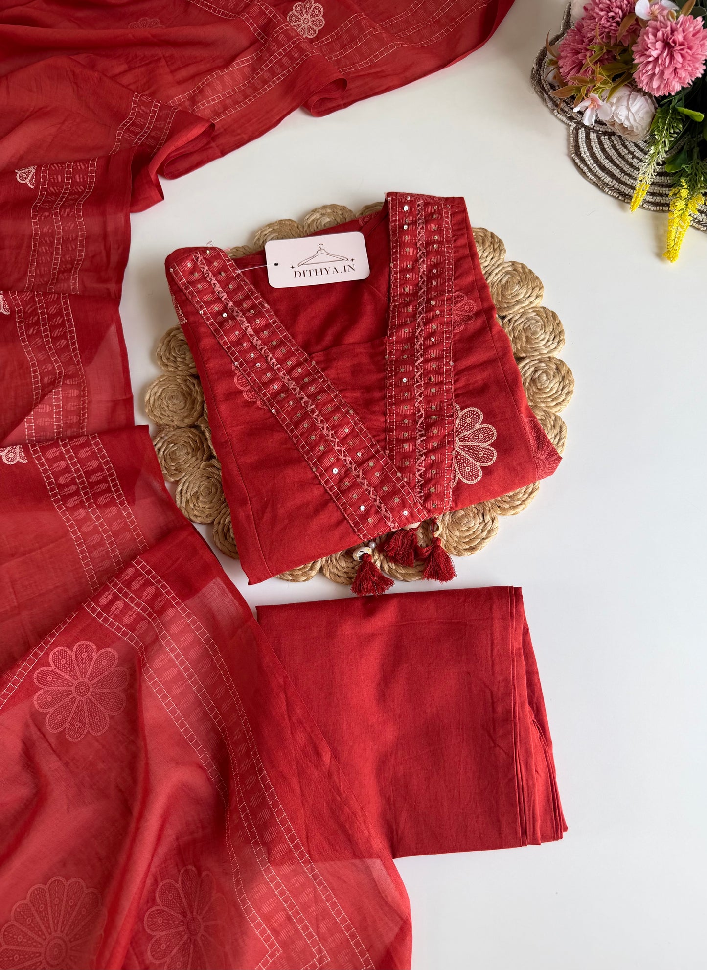 K657 - Mul cotton embroidered Aline Kurti with pants and dupatta in 2 colours