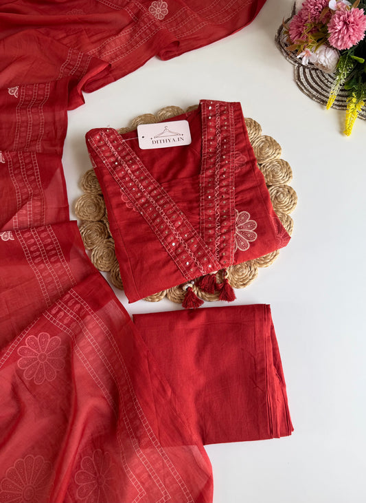 K657 - Mul cotton embroidered Aline Kurti with pants and dupatta in 2 colours