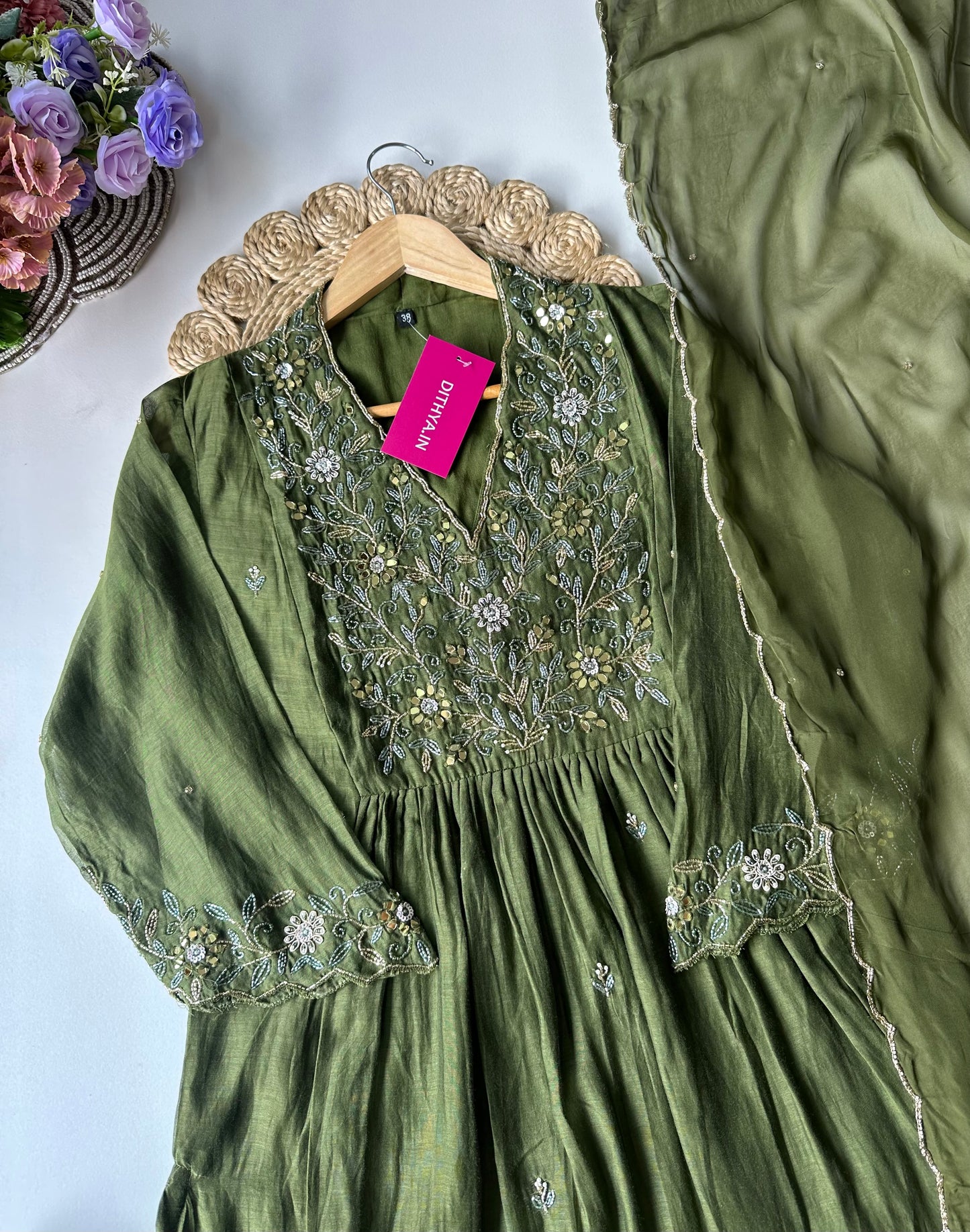 K392 - Mul Chanderi handwork Anarkali with pants and dupatta