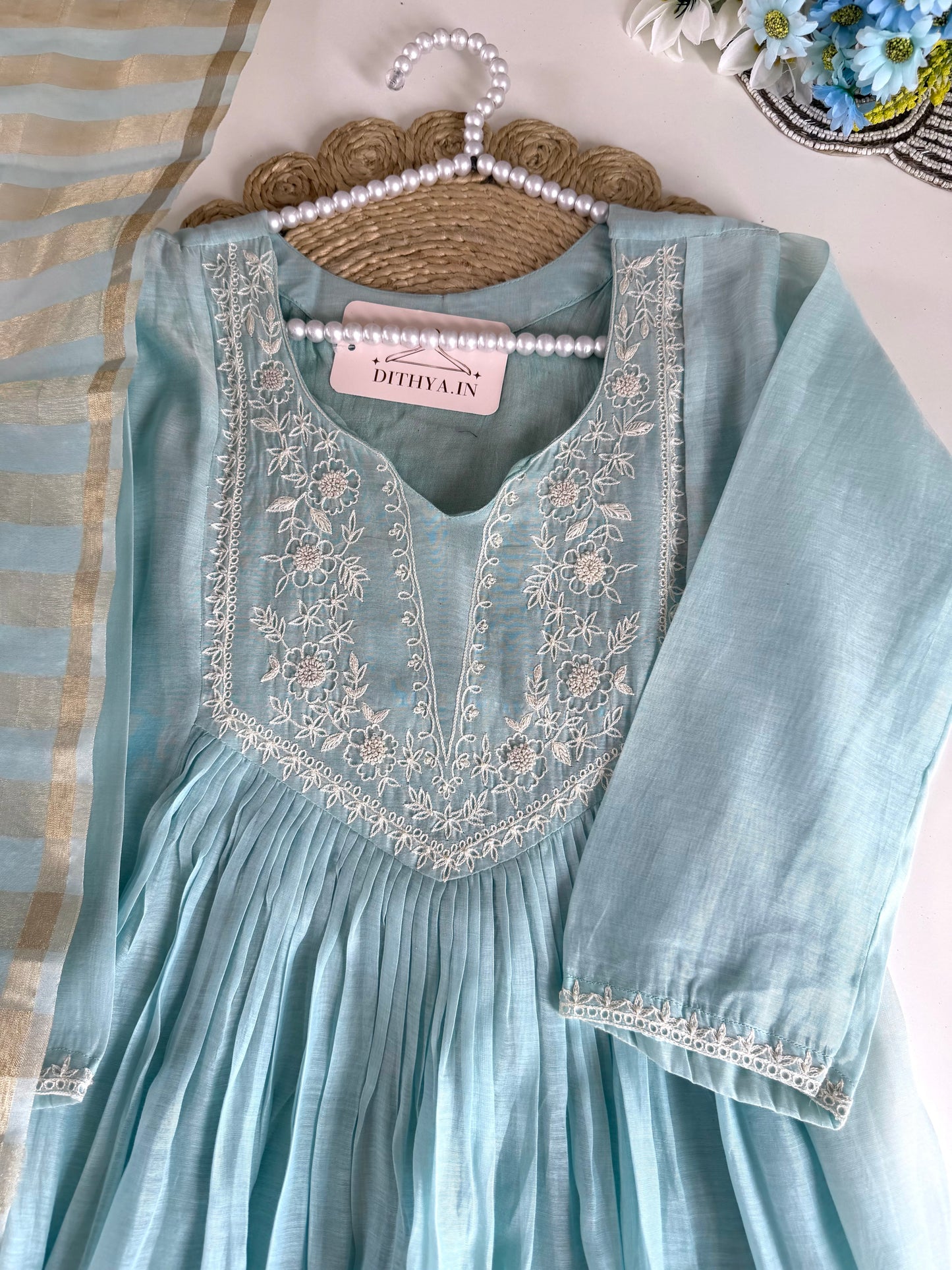 K638 - Mul chanderi embroidered Anarkali with pants and dupatta