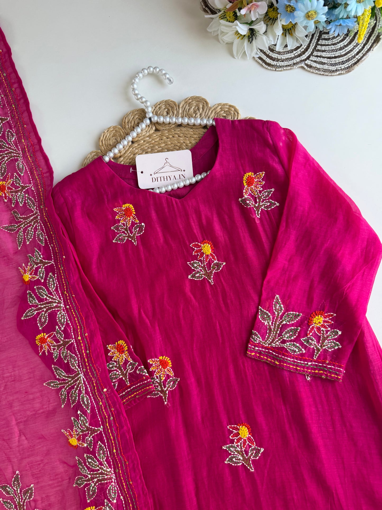 K437 - Mul chanderi Embroidered Aline Kurti with pants and dupatta