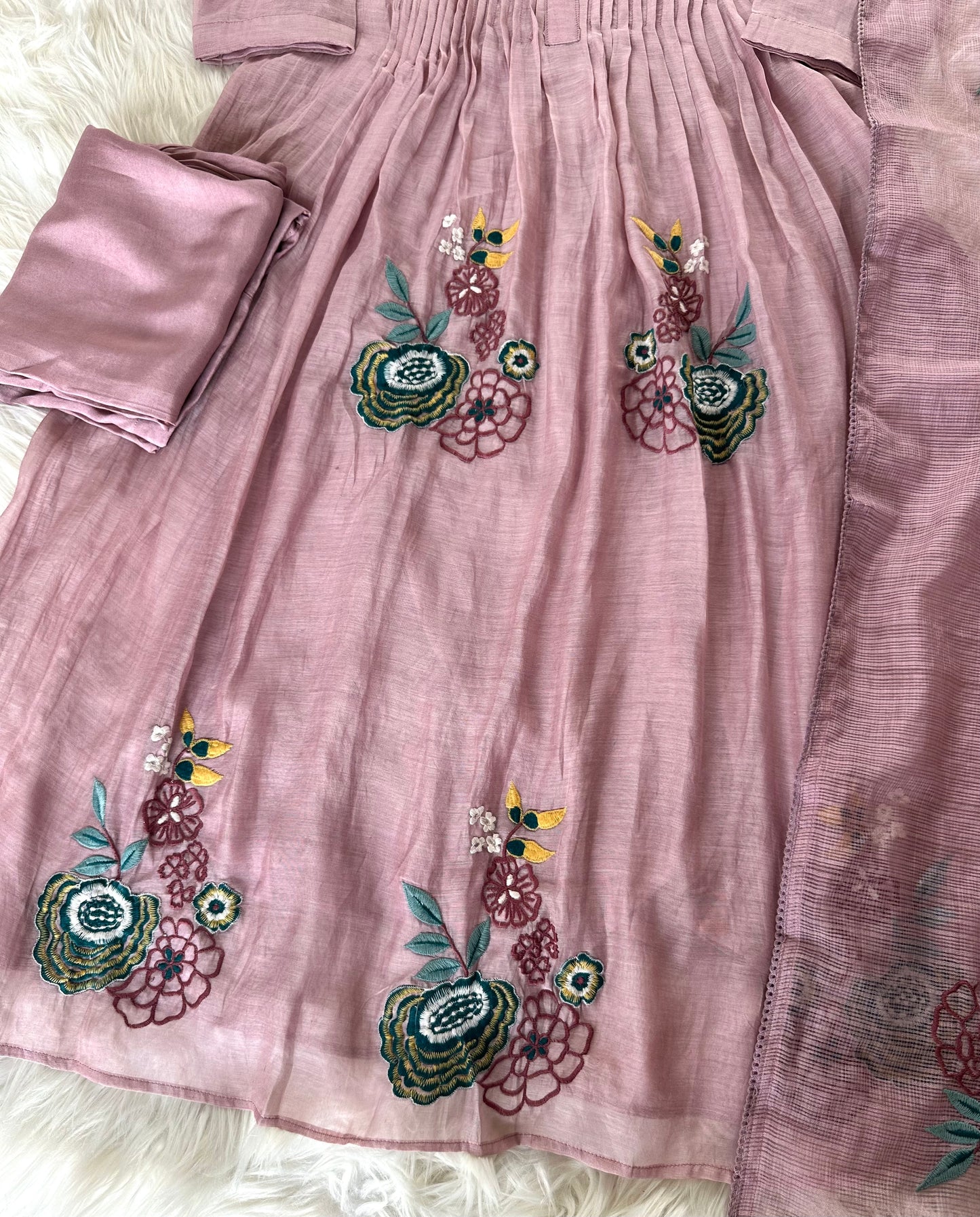 K294 - Mul Chanderi Appliqué work Aline Kurti with pants and dupatta in 2 colours