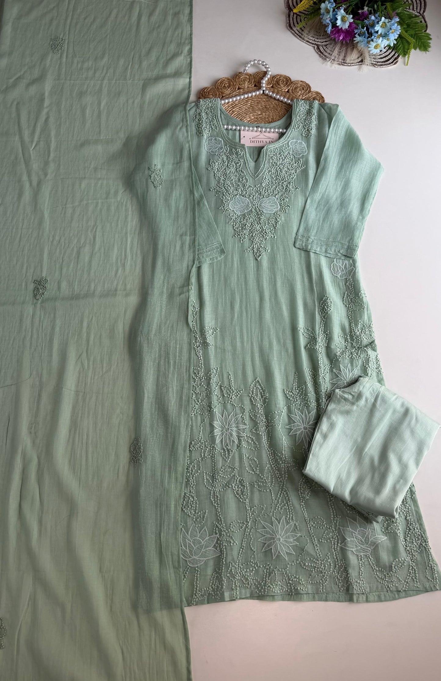 K010 - Mul chanderi embroidered straight Kurti with pants and dupatta