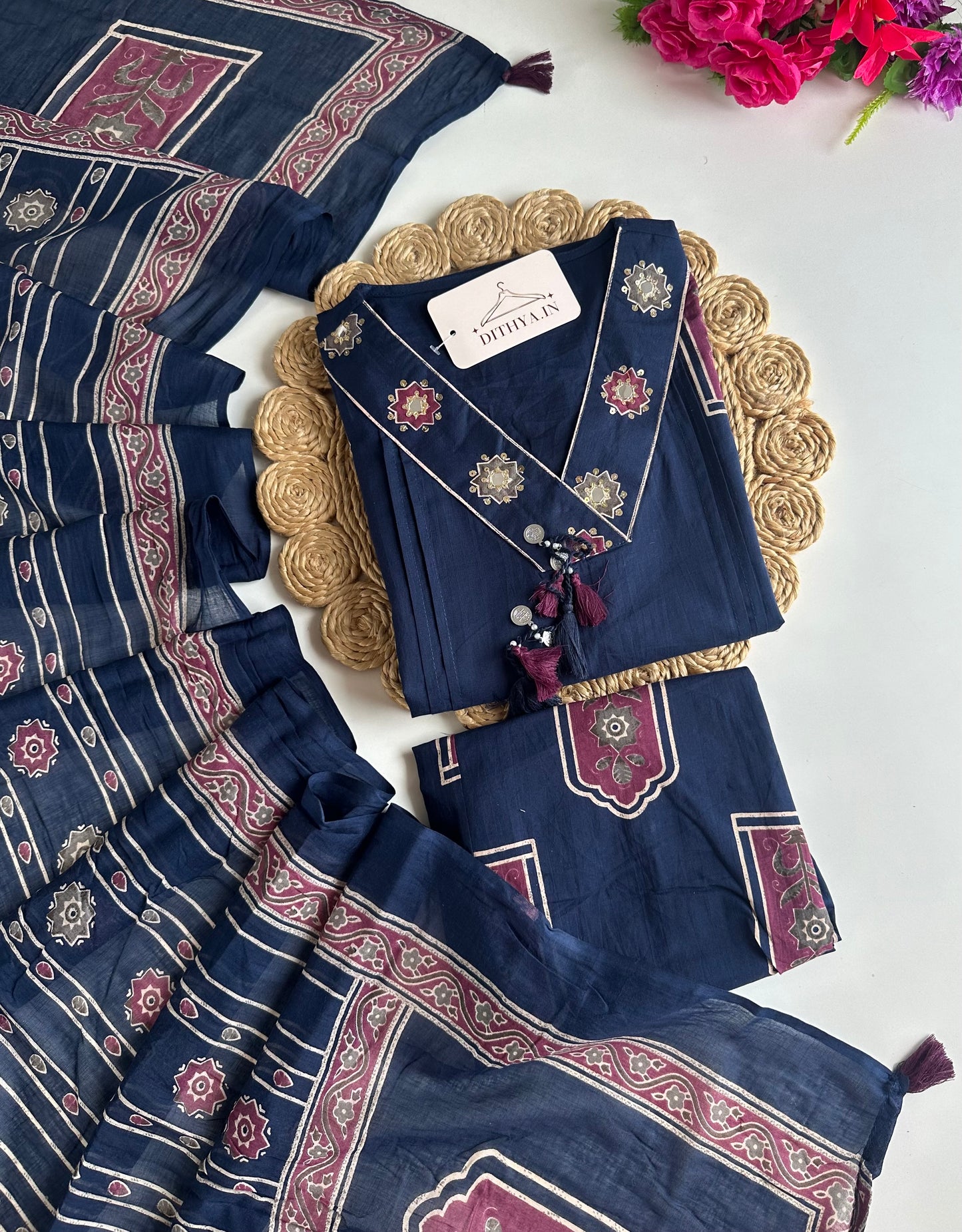 K716 - Mul cotton embroidered Aline Kurti with pants and dupatta