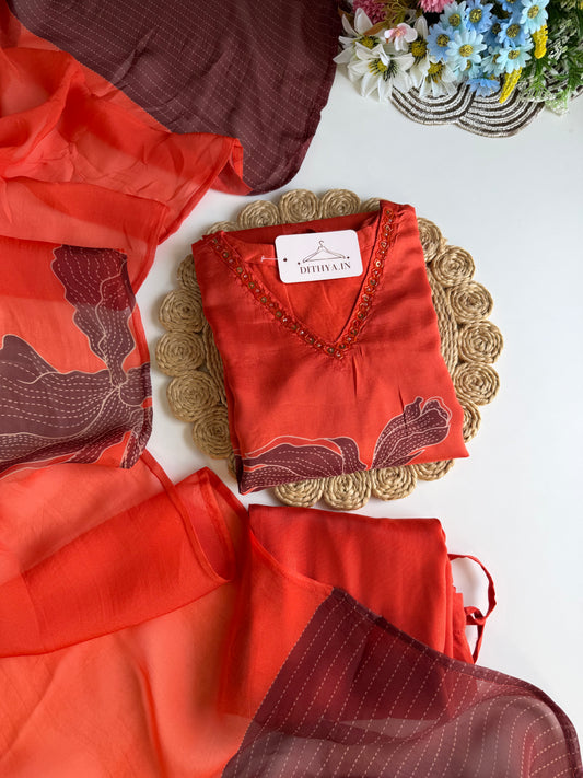 K336 - Muslin silk handwork Aline Kurti with pants and dupatta