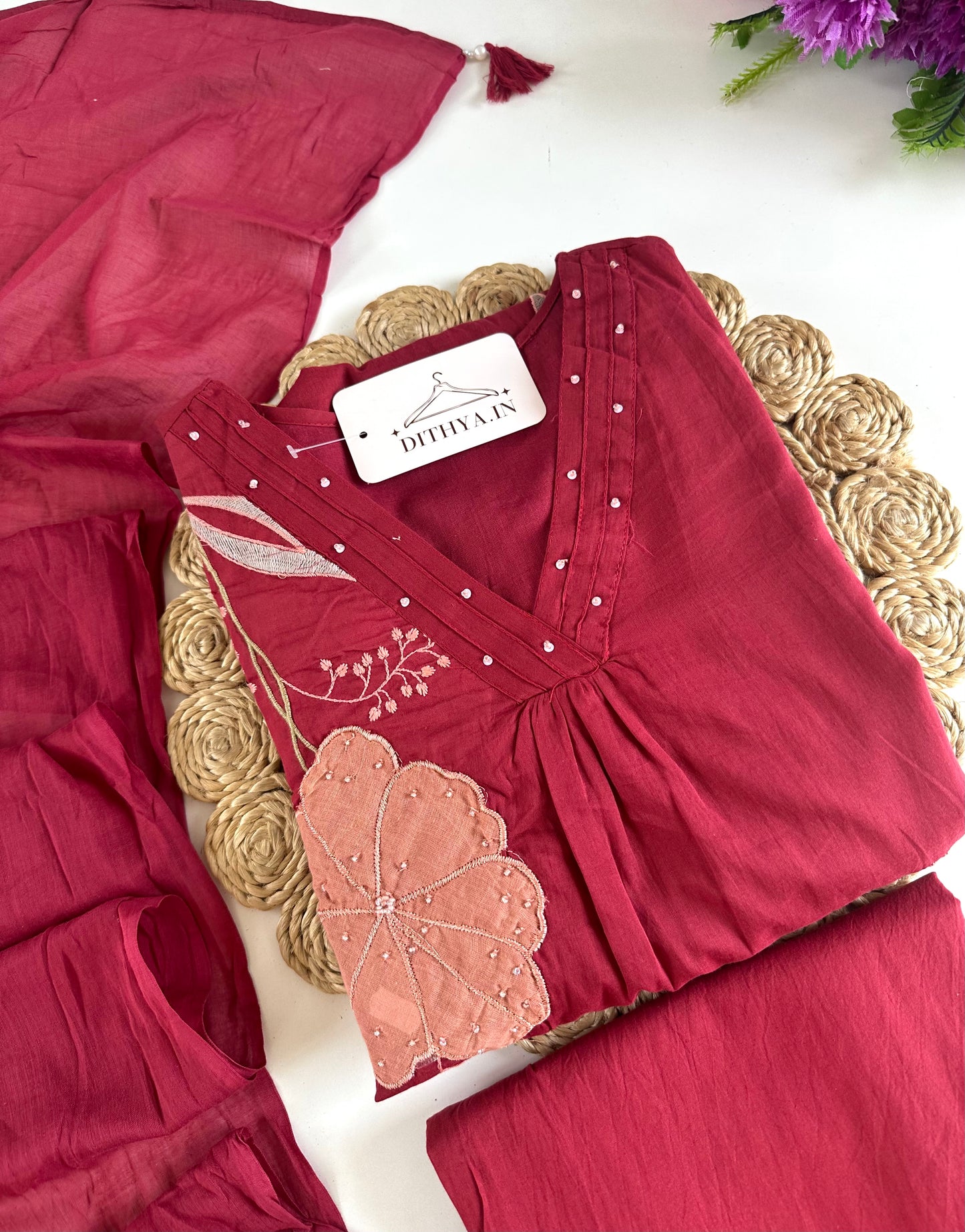 K243 - Mul cotton appliqué Aline Kurti with pants and dupatta