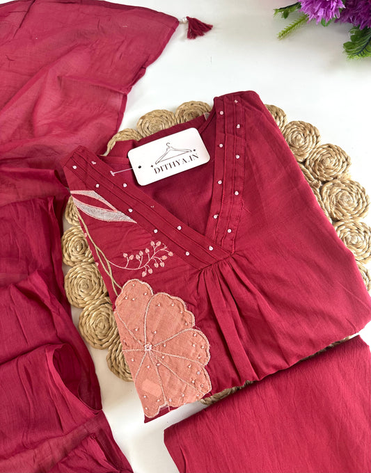 K243 - Mul cotton appliqué Aline Kurti with pants and dupatta