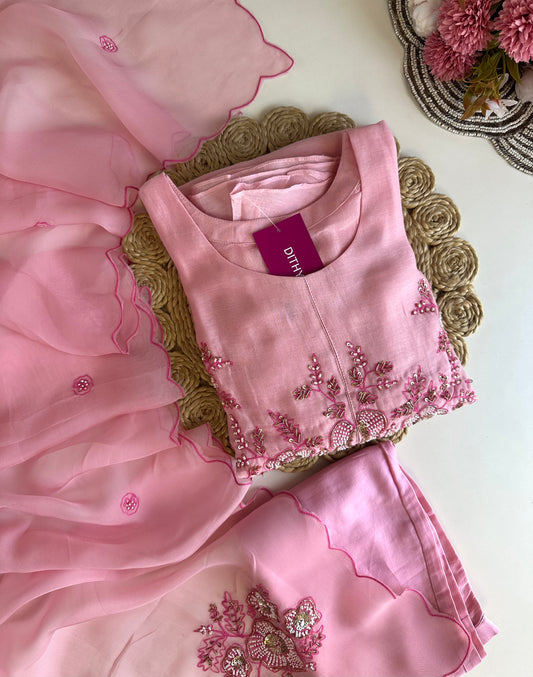 K420 - Mul Chanderi handwork Aline Kurti with pants and dupatta
