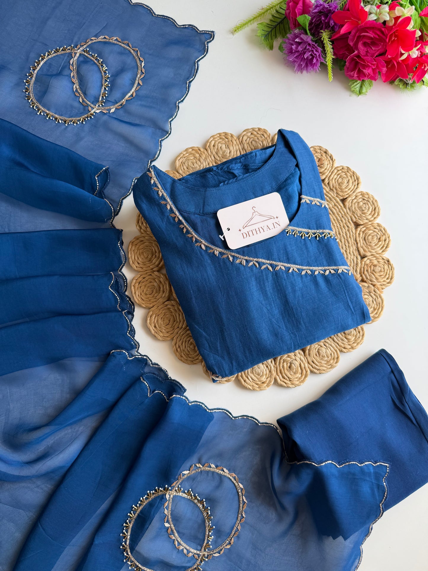 K063 - Mul chanderi cutdhana handwork Aline Kurti with pants and dupatta