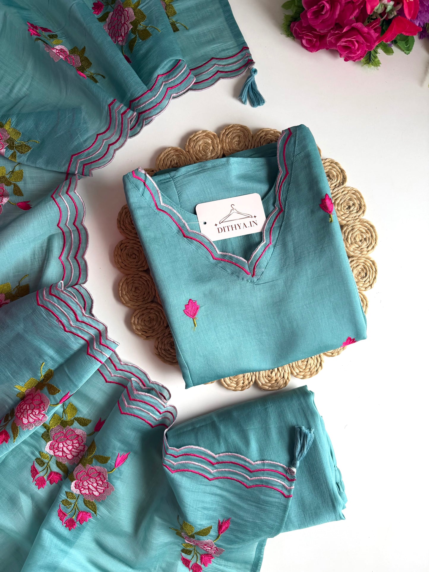 K721 - Surat mul chanderi embroidered Aline Kurti dupatta set