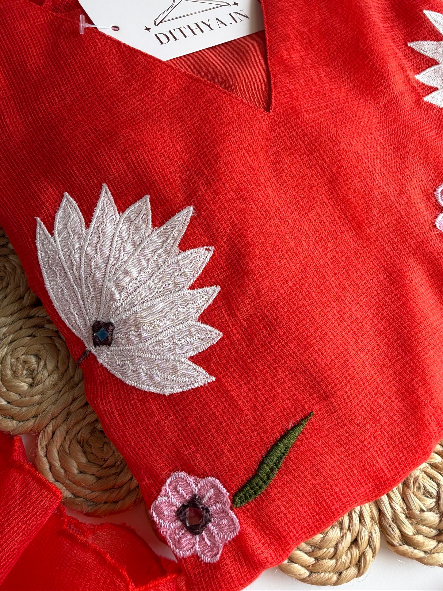 K295 - Kota doriya appliqué Aline Kurti with pants and dupatta