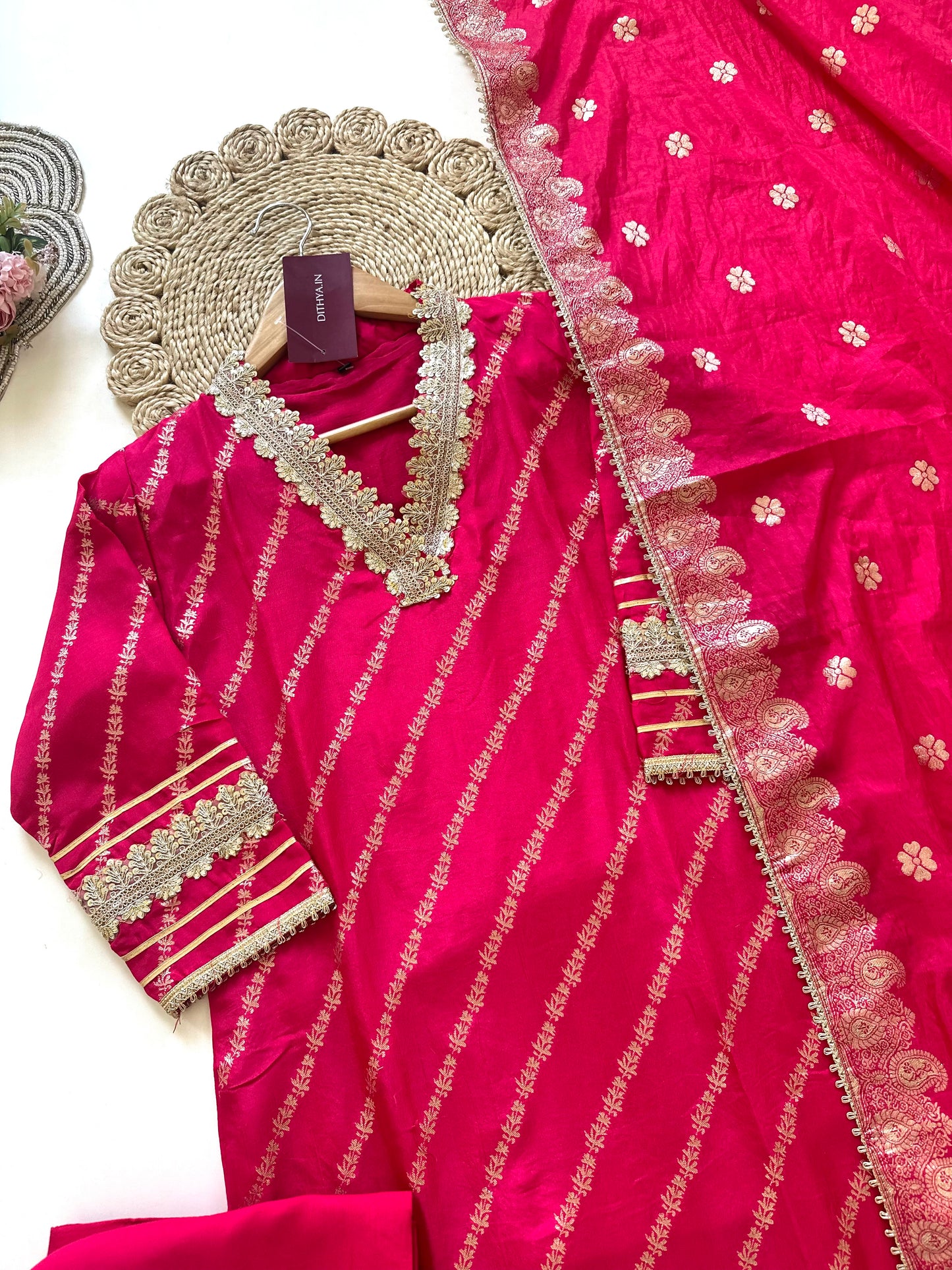 K318 - Jacquard silk Collar neck straight kurti with pants and dupatta.