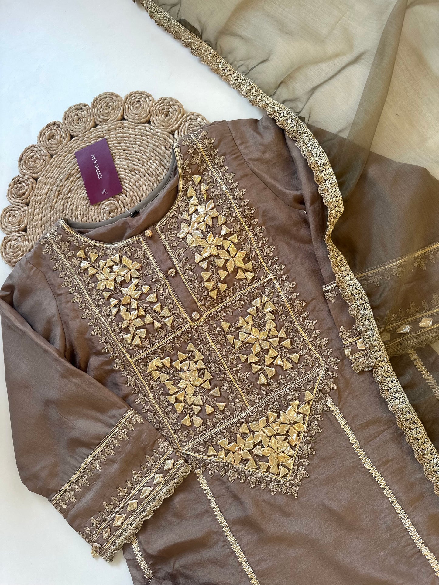 K255-Russian silk Gota work straight kurti with pants and organza dupatta in 2 colours .