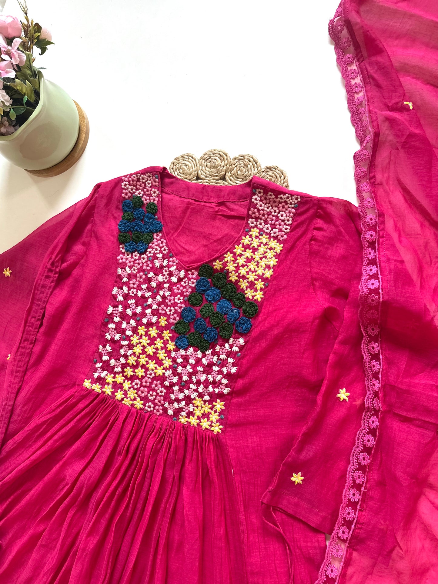 K172 - Mul Chanderi thread work Aline Kurti with pants and dupatta .