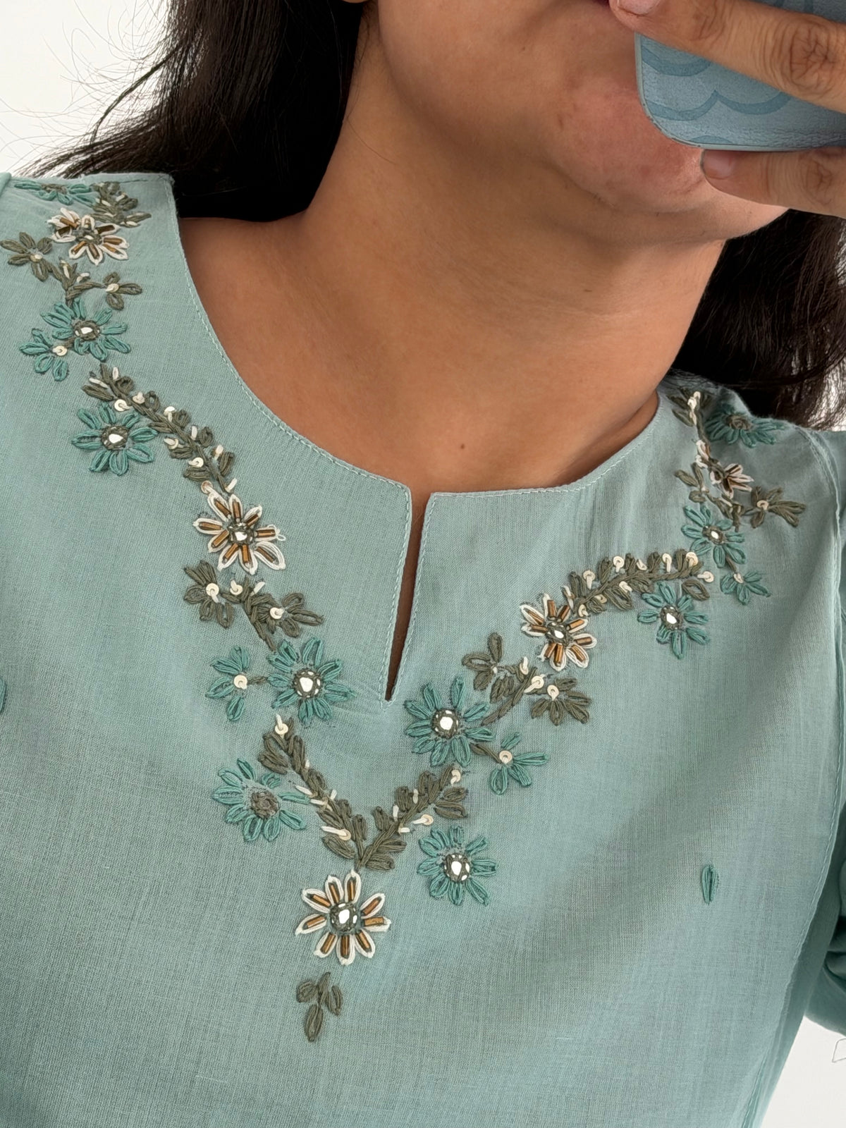 K624 - Mul cotton embroidered straight Kurti with pants and hand painted dupatta