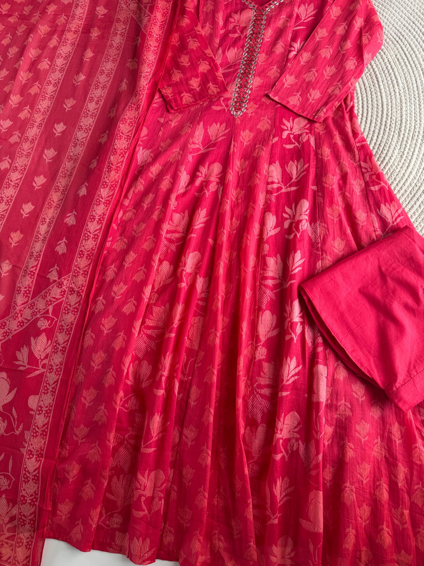 K559 - Mul cotton printed Anarkali with pants and dupatta in 2 colours