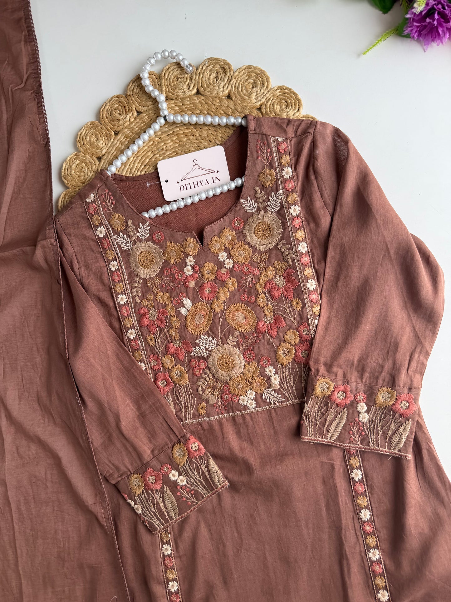 K657 - Mul cotton embroidered straight Kurti with pants and dupatta